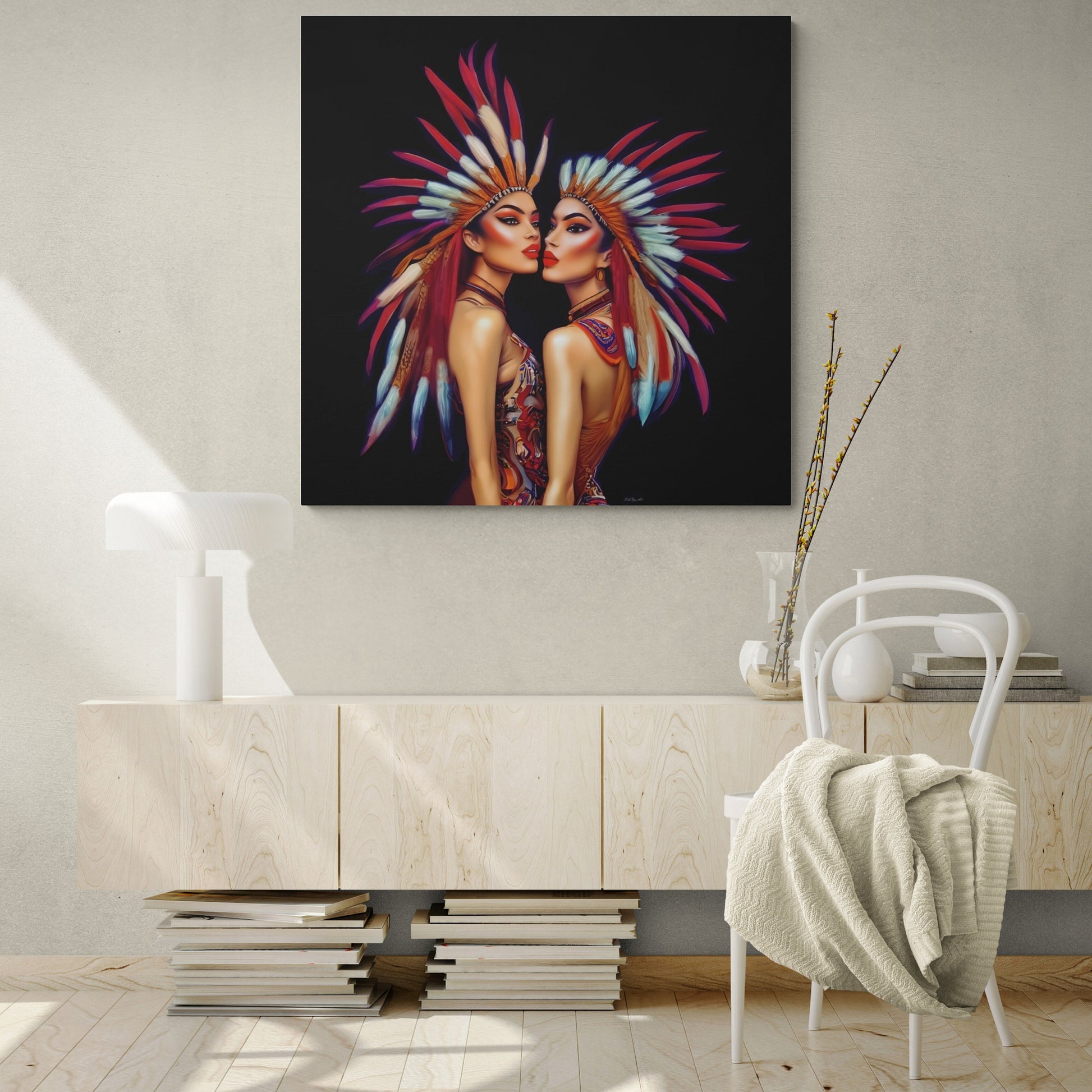 two princesses wall art, wall art canvas, wall art decor, indigenous, feather headdress, southwestern art - LOLA VEGAS ART
