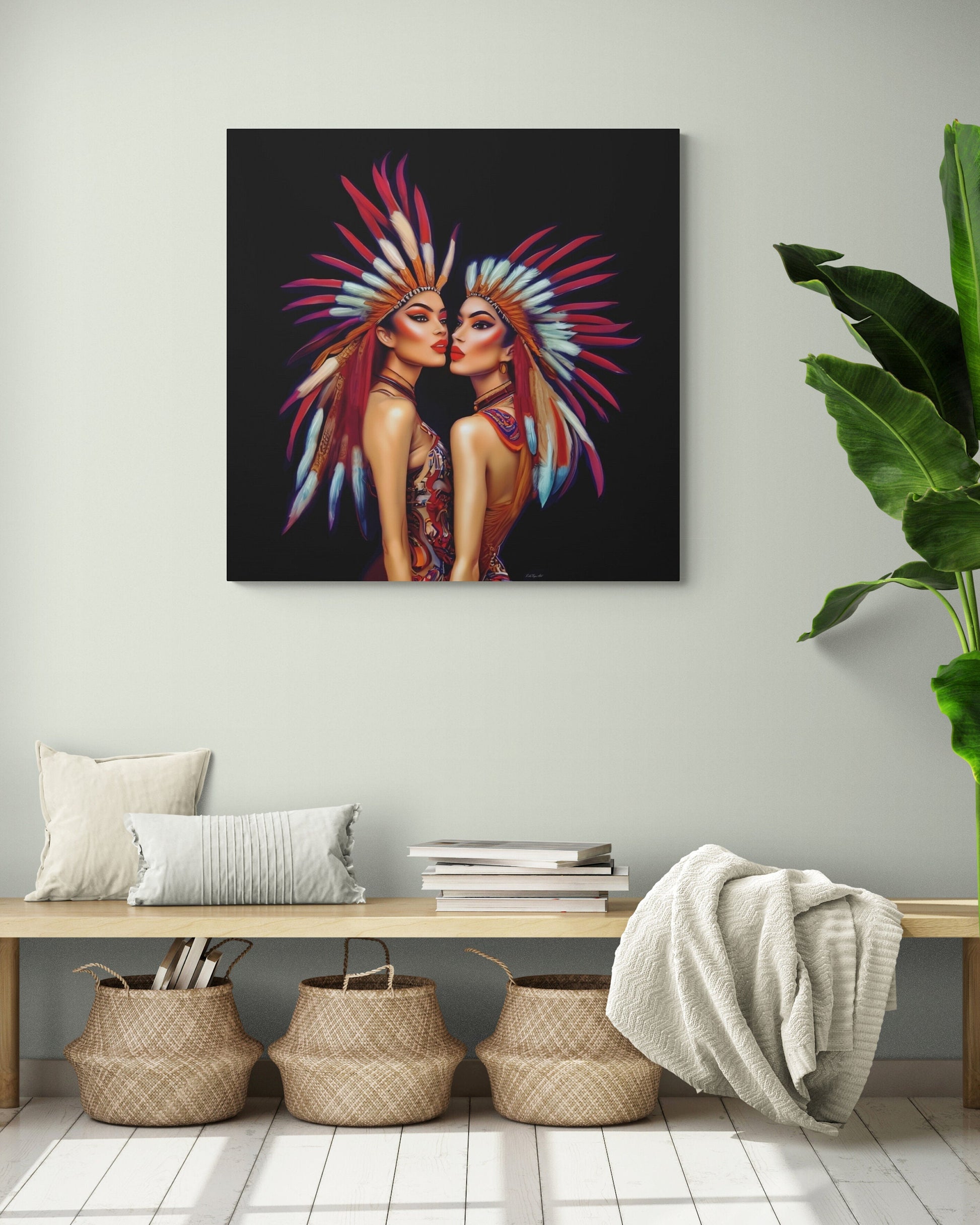 two princesses wall art, wall art canvas, wall art decor, indigenous, feather headdress, southwestern art - LOLA VEGAS ART