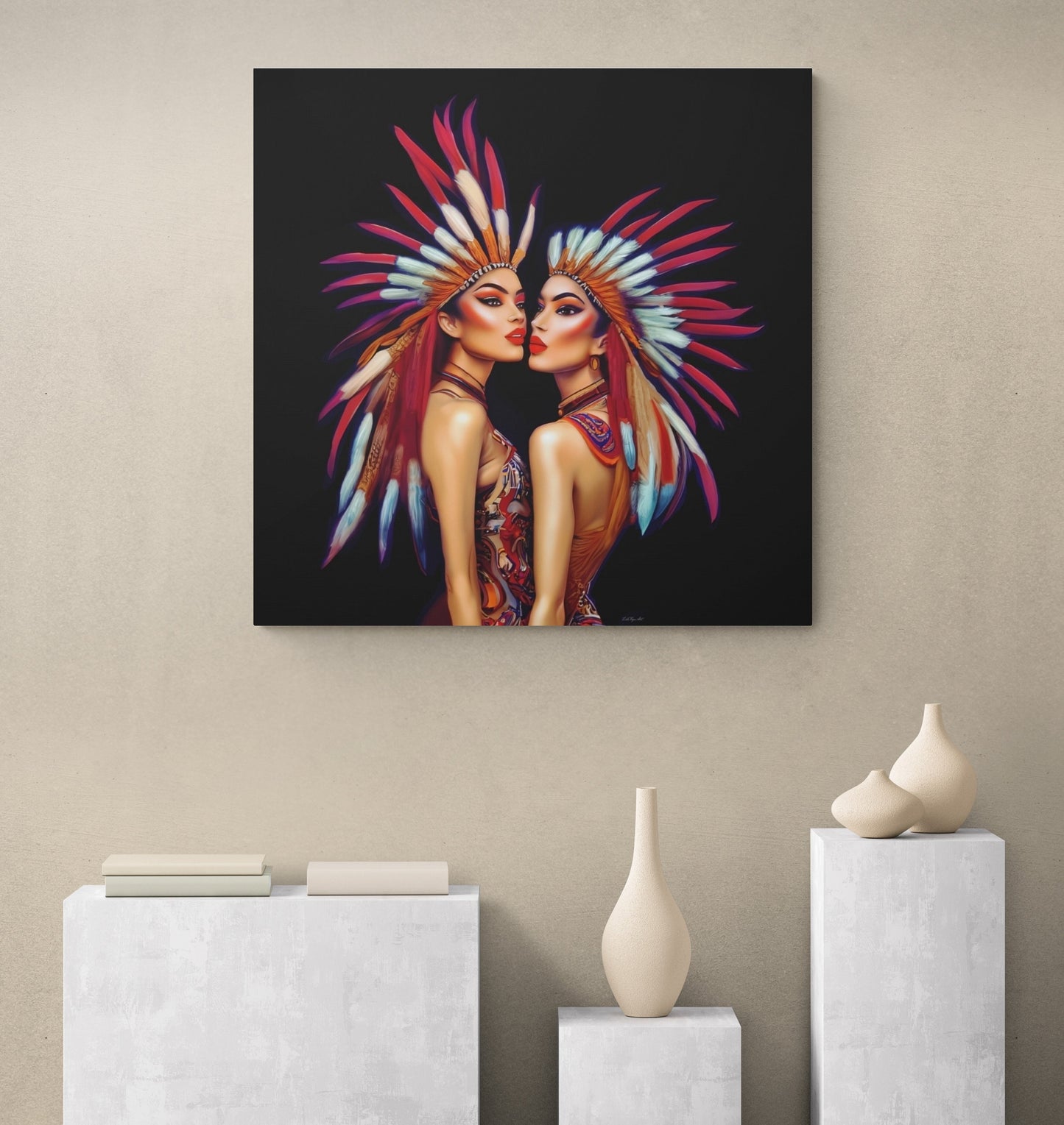 two princesses wall art, wall art canvas, wall art decor, indigenous, feather headdress, southwestern art - LOLA VEGAS ART