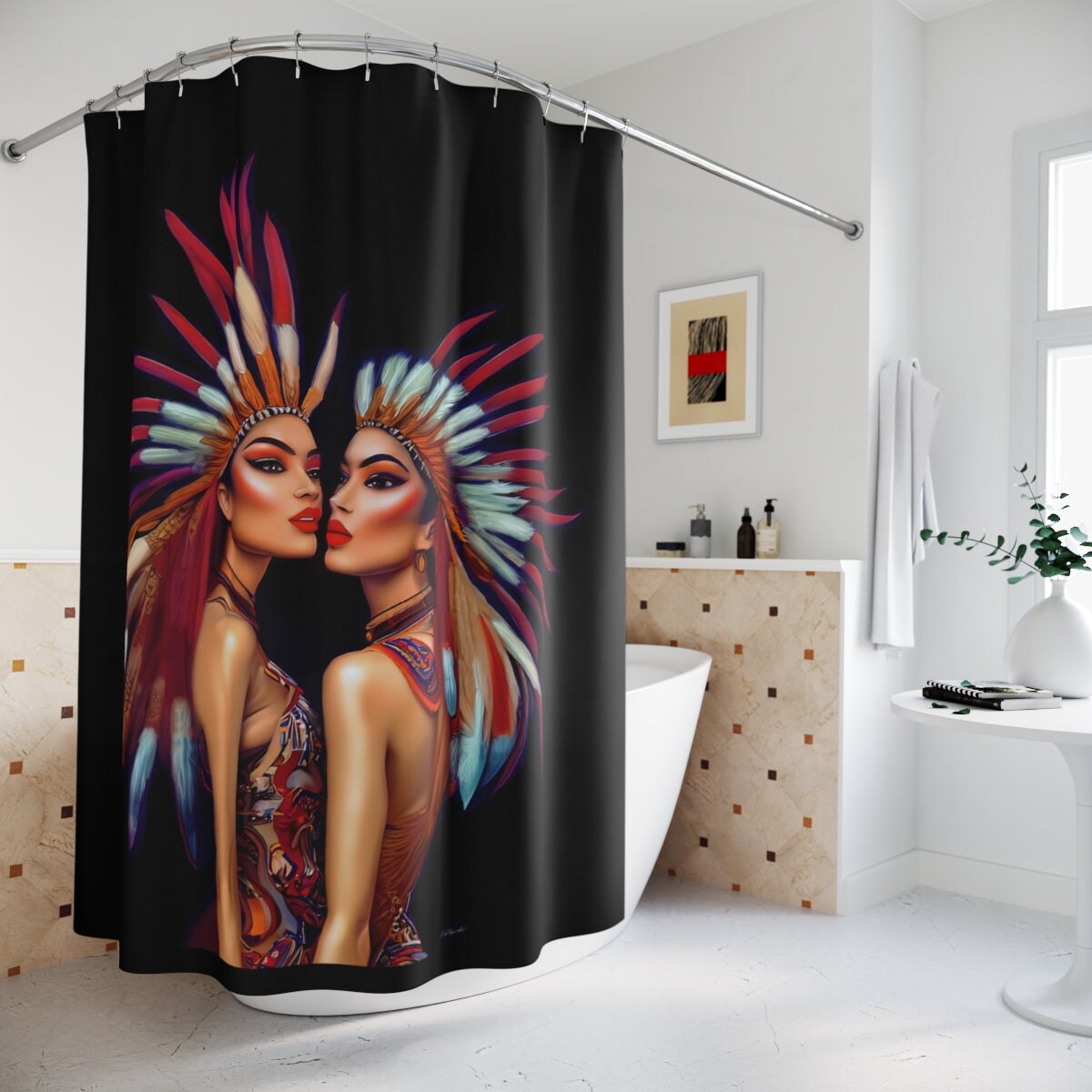 native american women, shower curtain, home accessories, bathroom dcor, bathroom, home dcor, housewarming gift, shower room decor, india - LOLA VEGAS ART