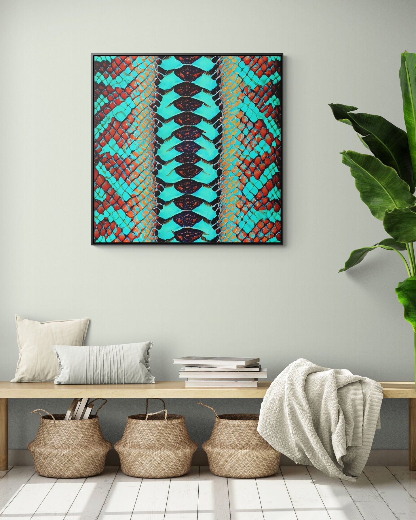 turquoise python snake skin print framed canvas wall art, wall art in frame, wall art with frame, wall art framed, wall art canvas frame - LOLA VEGAS ART