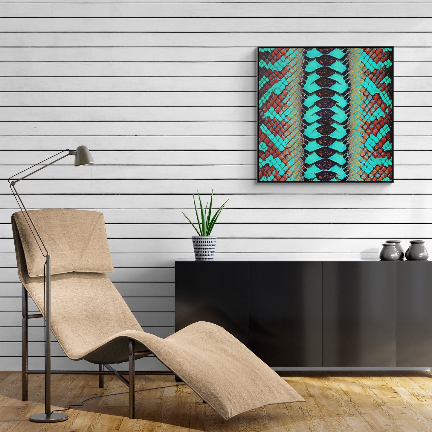 turquoise python snake skin print framed canvas wall art, wall art in frame, wall art with frame, wall art framed, wall art canvas frame - LOLA VEGAS ART