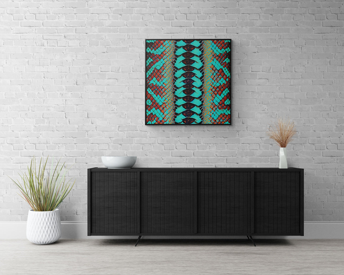 turquoise python snake skin print framed canvas wall art, wall art in frame, wall art with frame, wall art framed, wall art canvas frame - LOLA VEGAS ART