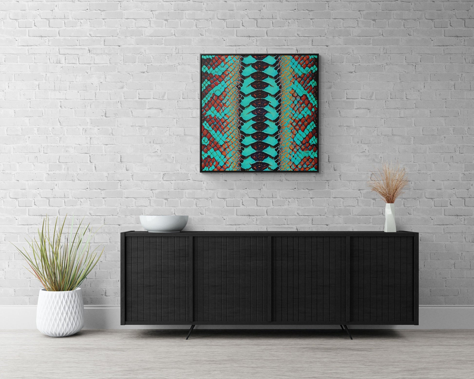 turquoise python snake skin print framed canvas wall art, wall art in frame, wall art with frame, wall art framed, wall art canvas frame - LOLA VEGAS ART