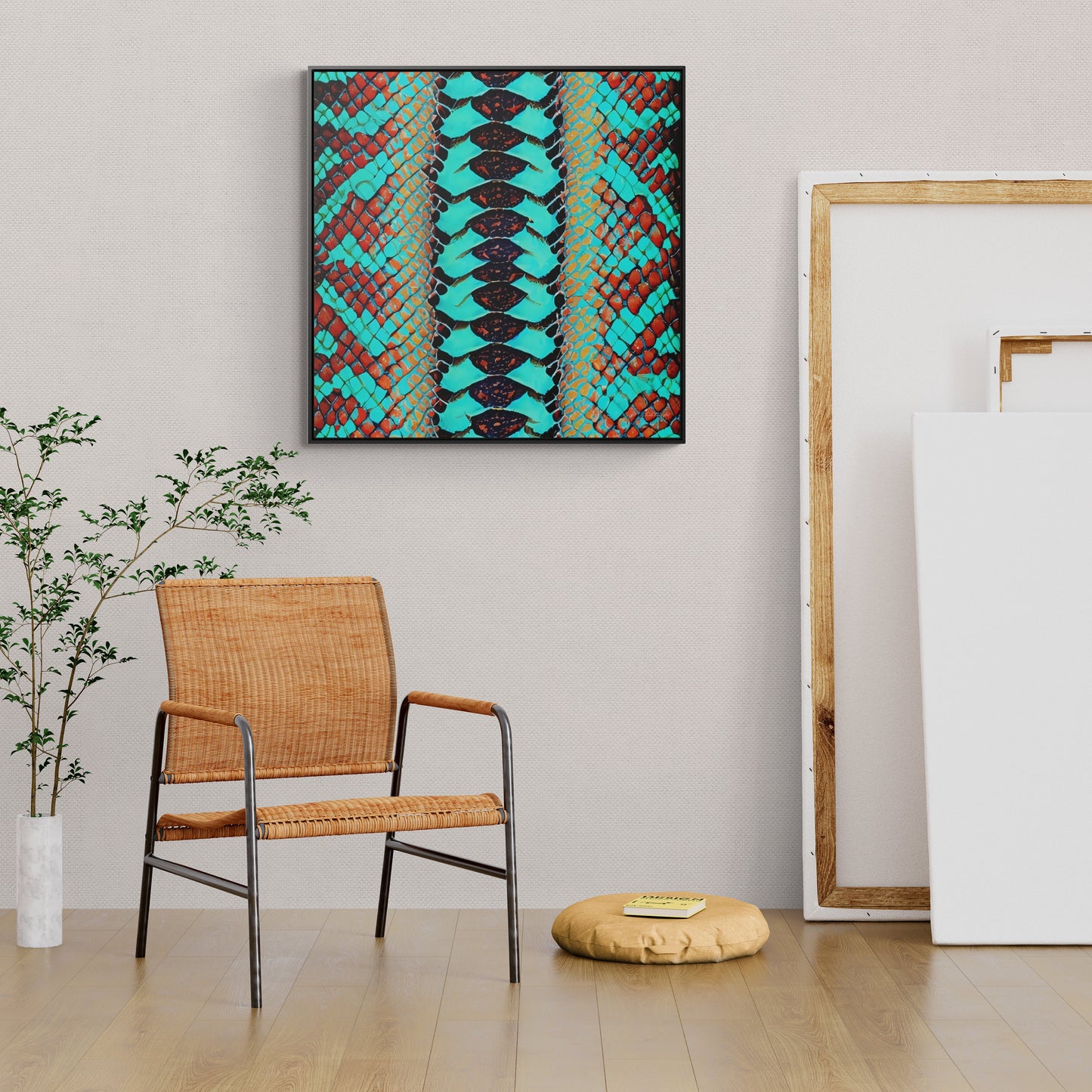 turquoise python snake skin print framed canvas wall art, wall art in frame, wall art with frame, wall art framed, wall art canvas frame - LOLA VEGAS ART