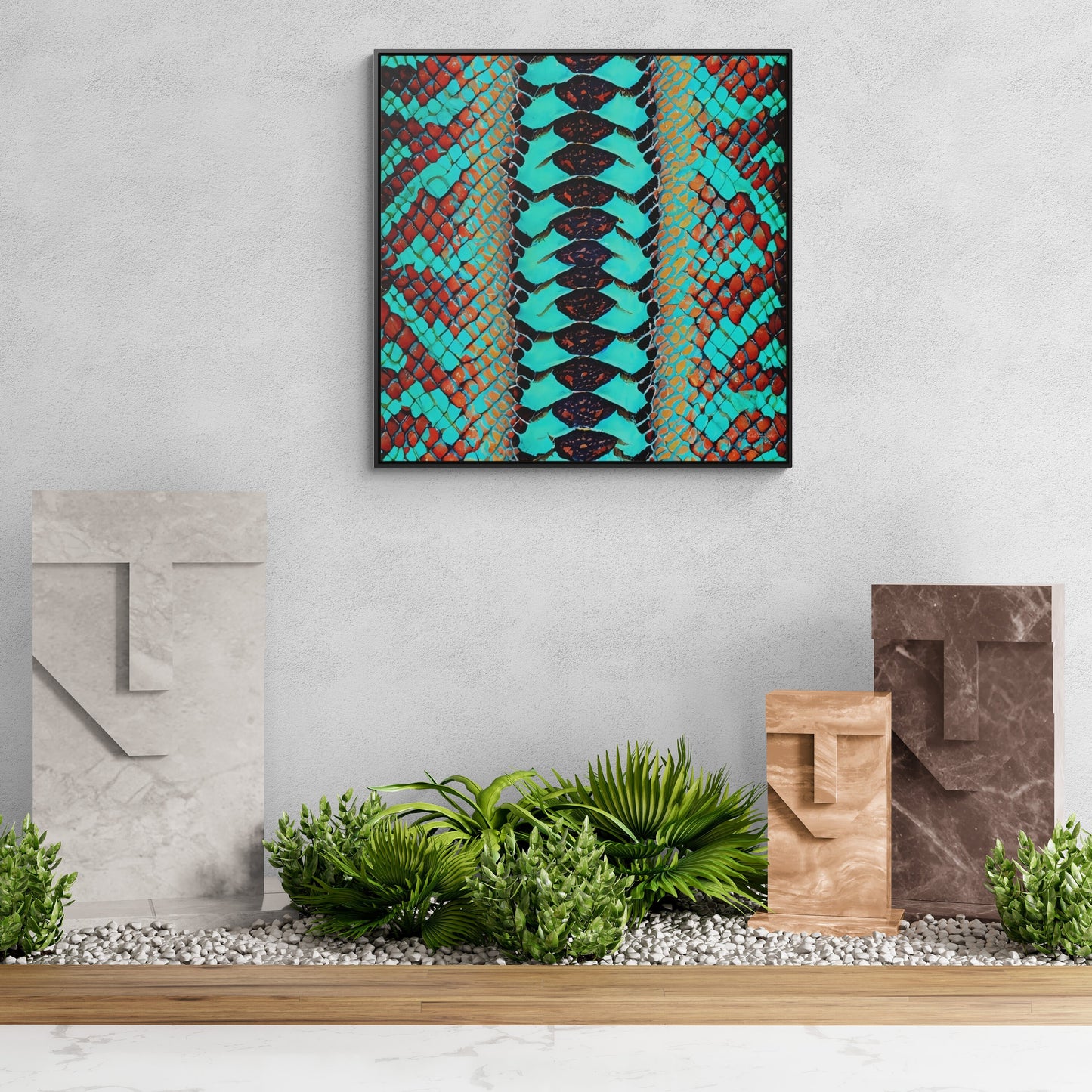 turquoise python snake skin print framed canvas wall art, wall art in frame, wall art with frame, wall art framed, wall art canvas frame - LOLA VEGAS ART