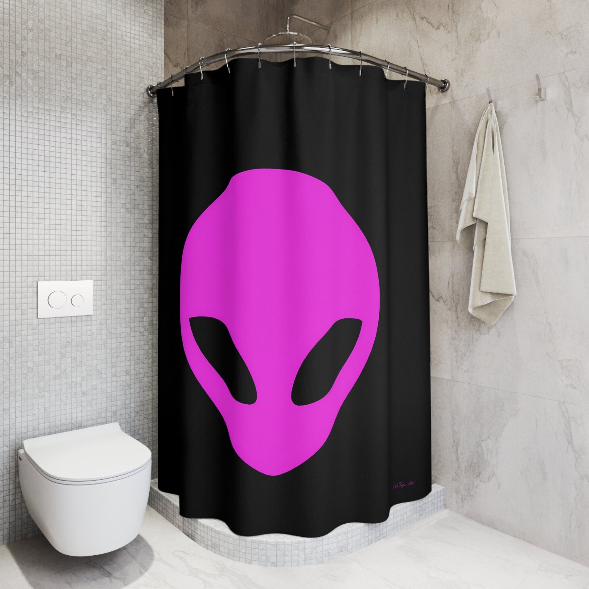 pink alien, shower curtain, home accessories, bathroom dcor, bathroom, home dcor, housewarming gift, shower room decor, extraterrestrial - LOLA VEGAS ART