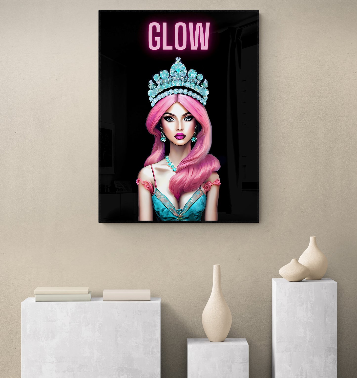 pink haired queen with crown, wall art, wall art canvas, wall art dcor, wall art woman, wall art girl, beauty art, fashion art, teen gift - LOLA VEGAS ART