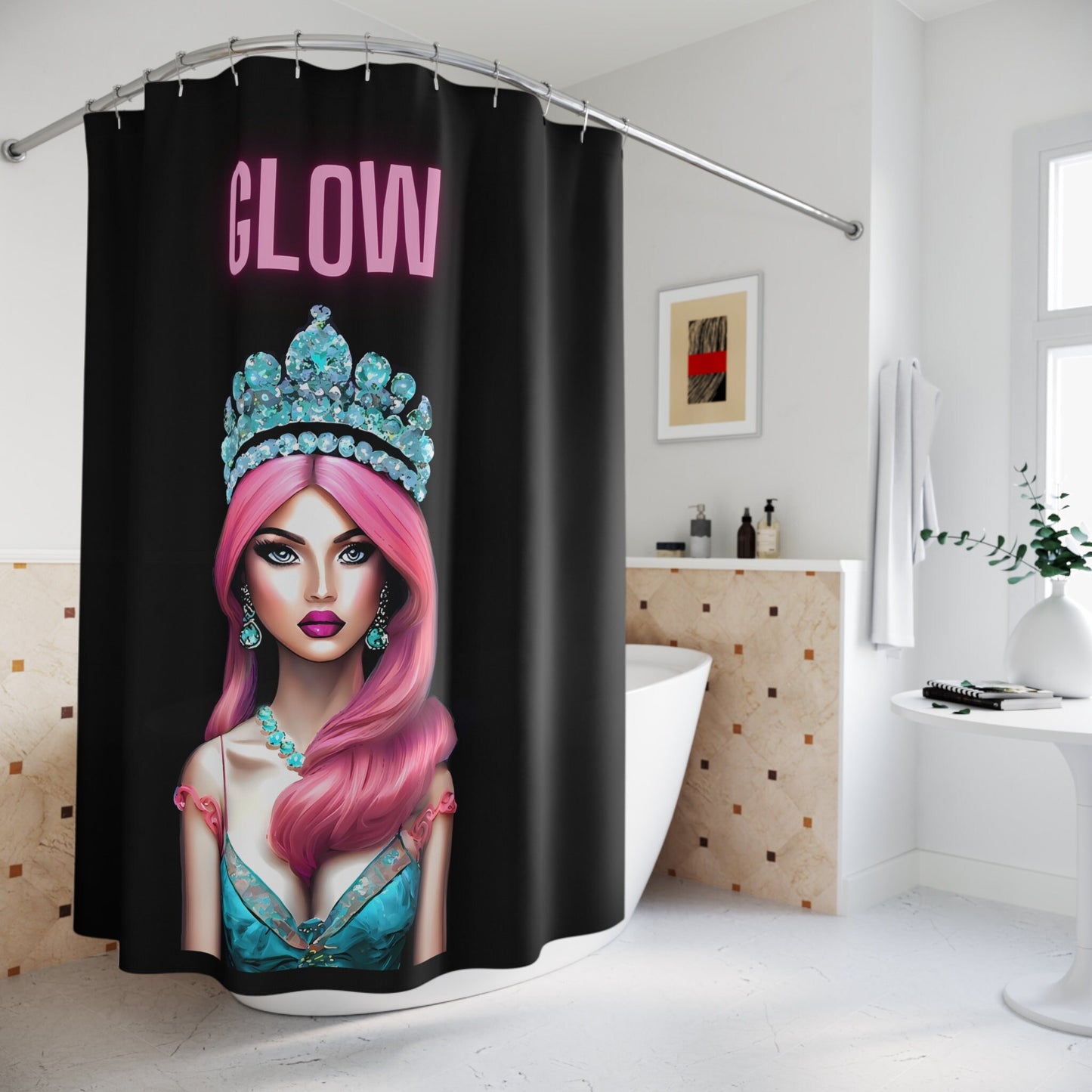 queen, pink hair, crown, shower curtain, home accessories, bathroom dcor, bathroom, home dcor, housewarming gift, shower room decor, - LOLA VEGAS ART