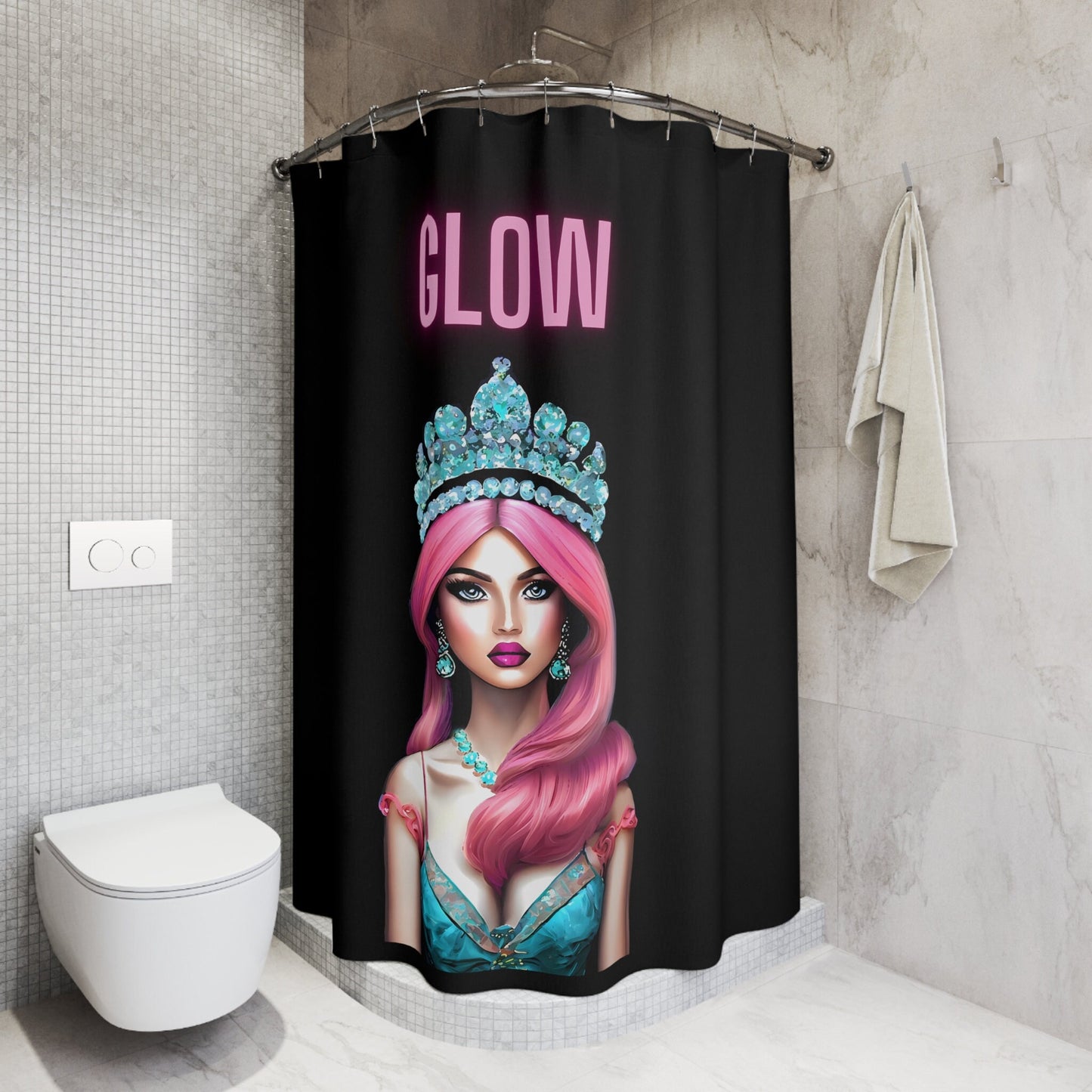 queen, pink hair, crown, shower curtain, home accessories, bathroom dcor, bathroom, home dcor, housewarming gift, shower room decor, - LOLA VEGAS ART