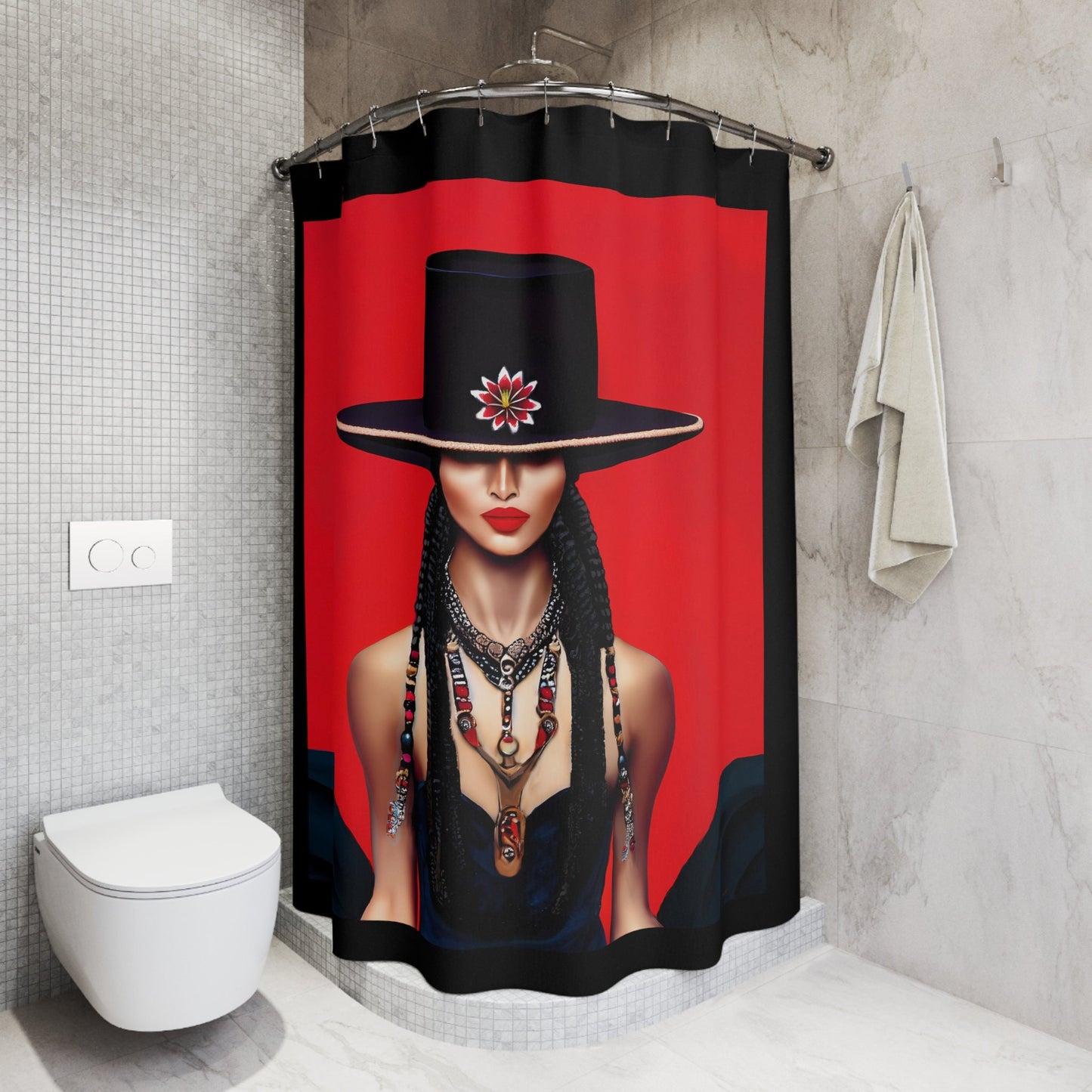 latina woman in a bolero hat, shower curtain, home accessories, bathroom dcor, bathroom, home dcor, housewarming gift, shower room decor - LOLA VEGAS ART