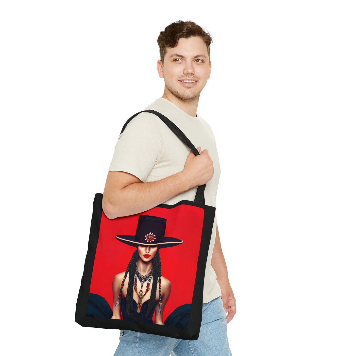 latina woman in bolero hat tote bag, canvas bag, gifts for women, canvas shopper, oversized bag, reusable, shopping bag, tote bag for women - LOLA VEGAS ART