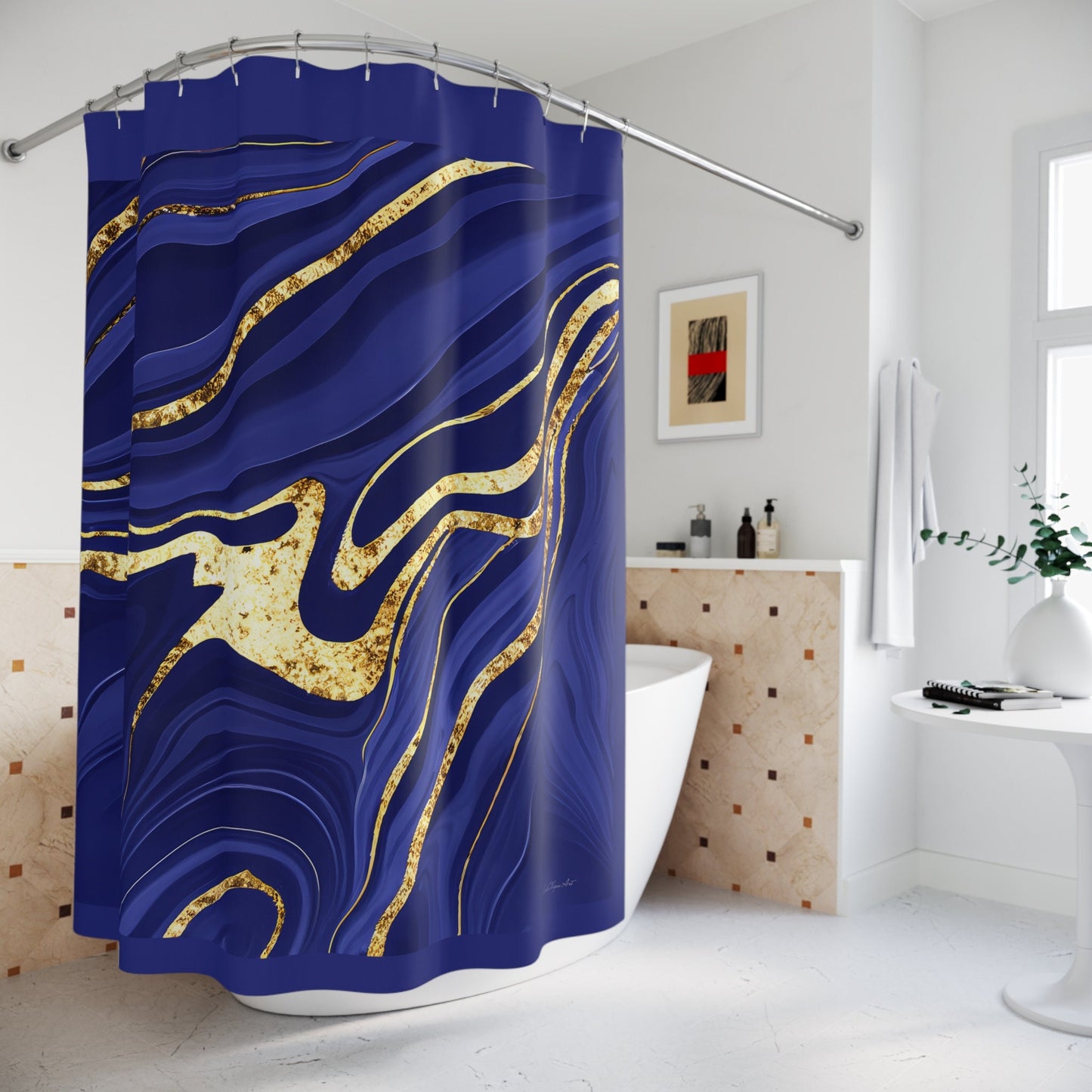navy gold abstract shower curtain, home accessories, bathroom dcor, bathroom, home dcor, housewarming gift, shower room decor, gifts - LOLA VEGAS ART