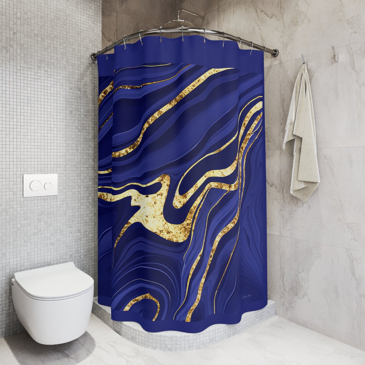 navy gold abstract shower curtain, home accessories, bathroom dcor, bathroom, home dcor, housewarming gift, shower room decor, gifts - LOLA VEGAS ART