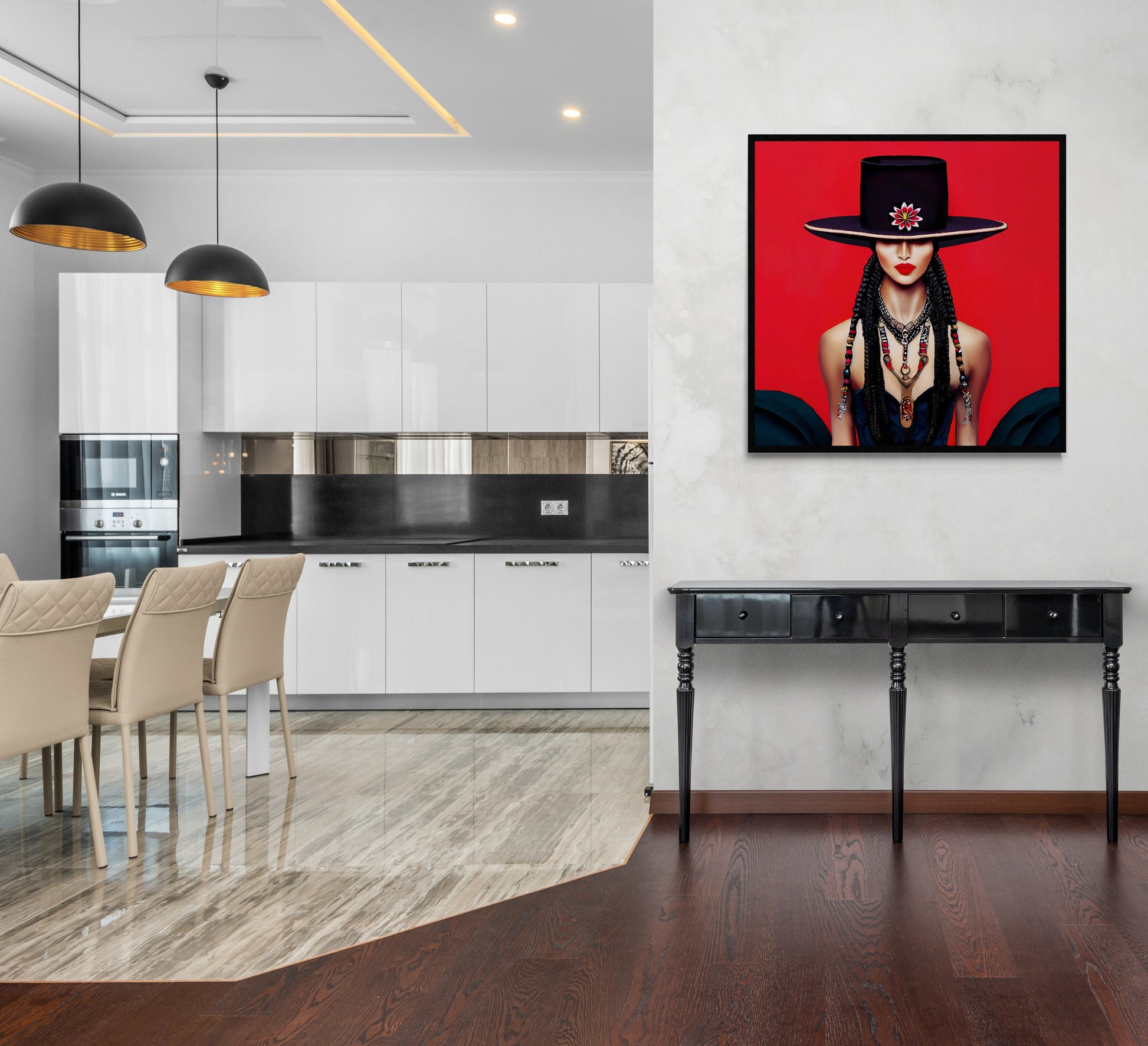 latina woman in bolero hat framed canvas wall art, wall art in frame, wall art with frame, wall art framed, wall art canvas with frame - LOLA VEGAS ART
