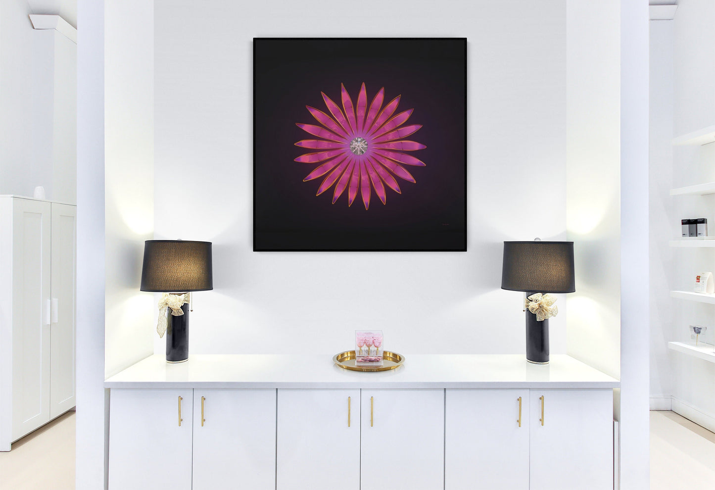 fuchsia diamond sunburst, wall art, wall art canvas, wall art dcor, room wall dcor, unique art, large wall art, ready to hang, pink, - LOLA VEGAS ART