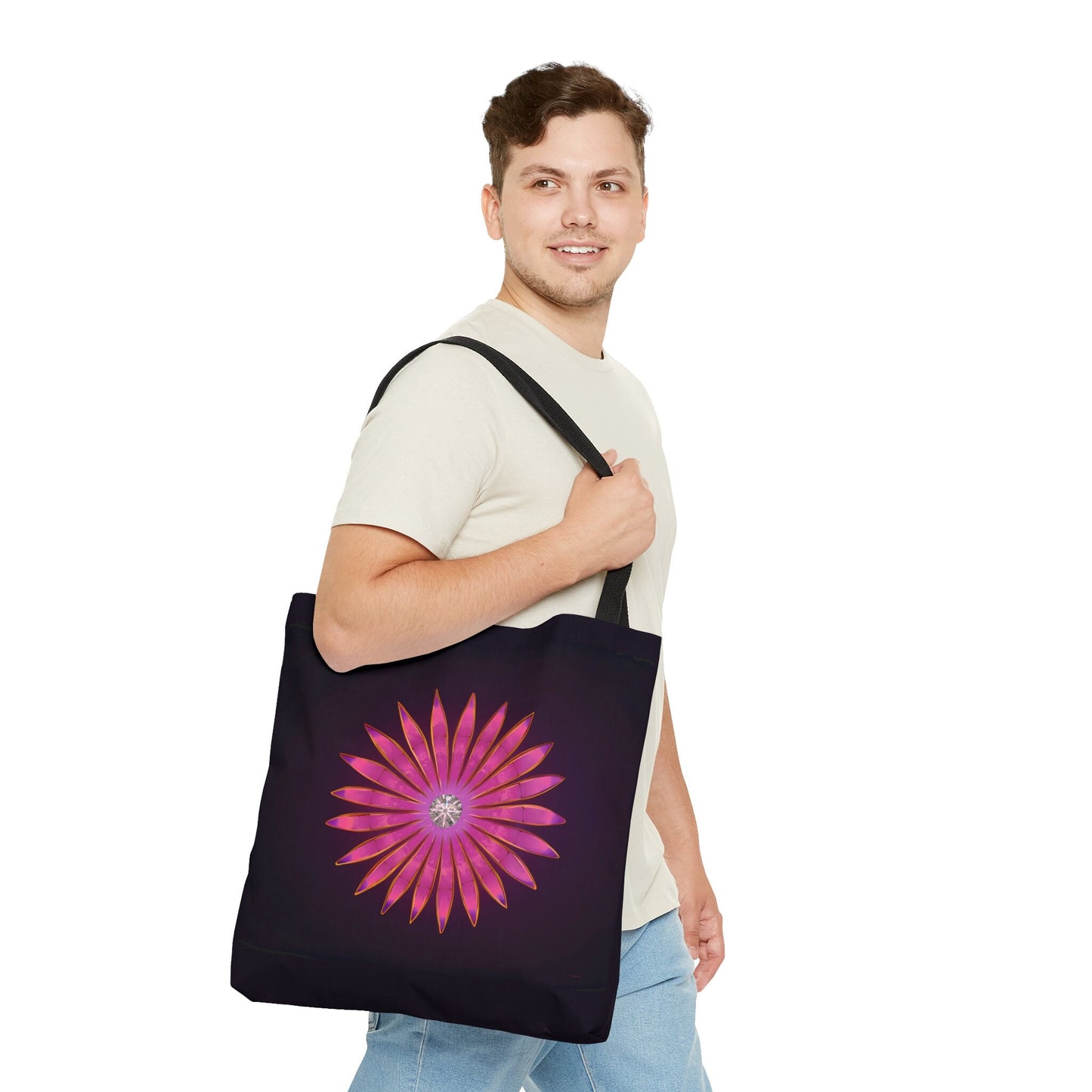 fuchsia diamond sunburst, bag, canvas bag, tote bag, gifts for women, oversized canvas bag, reusable bag, shopping bag, tote bag for women - LOLA VEGAS ART