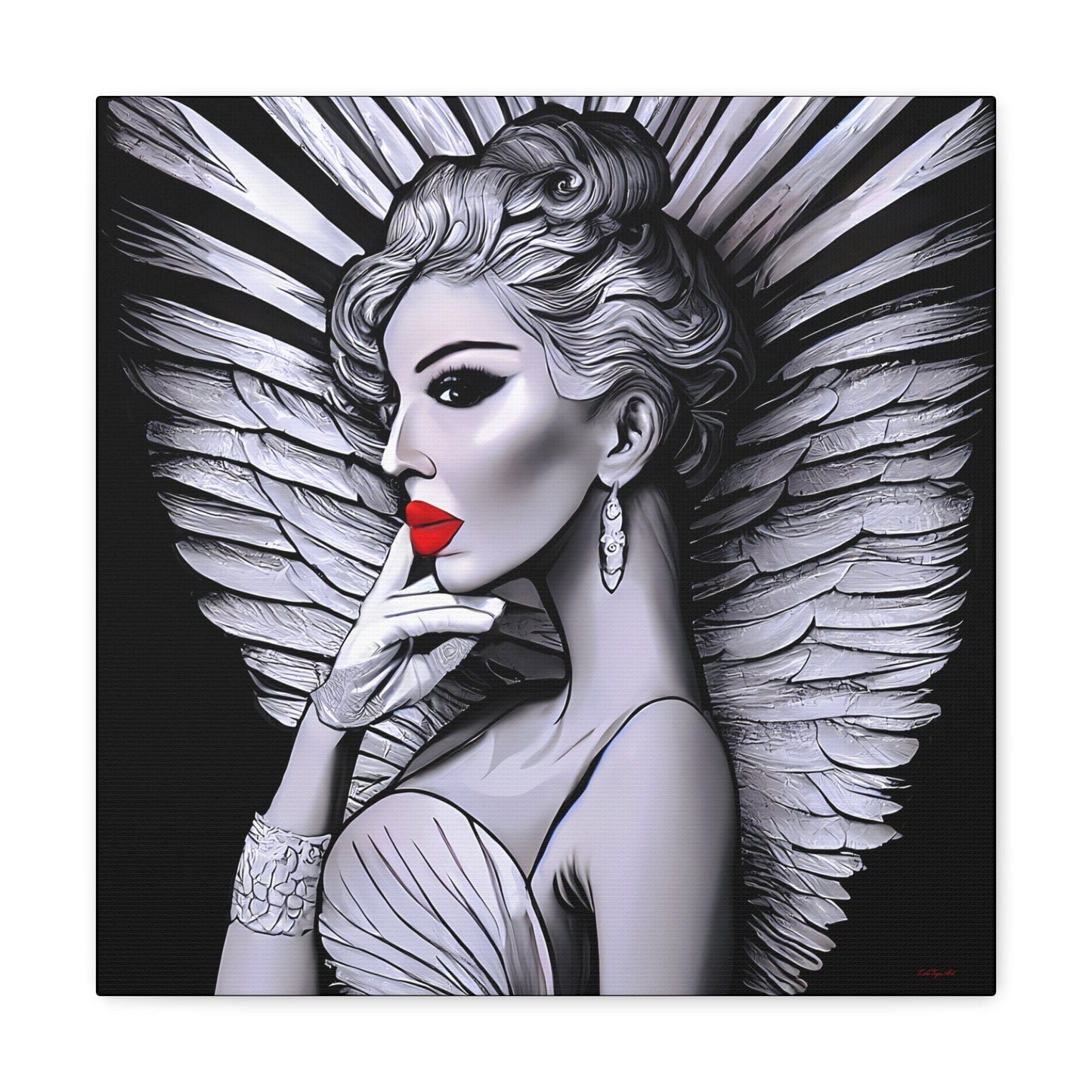 art deco angel canvas wall art, wall art dcor, room wall dcor, unique art, wall art woman, angel wings, retro wall art, goddess, B & W - LOLA VEGAS ART