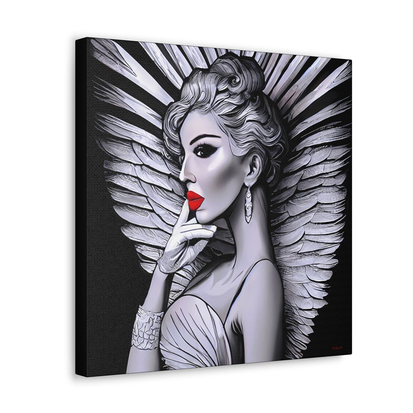 art deco angel canvas wall art, wall art dcor, room wall dcor, unique art, wall art woman, angel wings, retro wall art, goddess, B & W - LOLA VEGAS ART