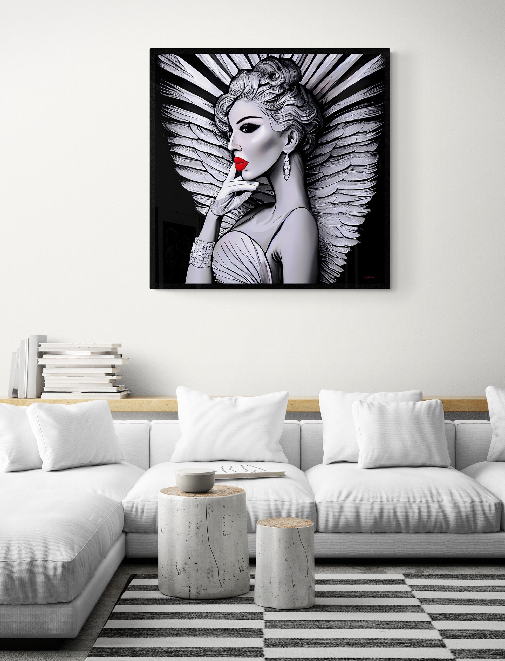 art deco angel canvas wall art,  wall art dcor, room wall dcor, unique art, wall art woman, angel wings, retro wall art, goddess,  B & W - LOLA VEGAS ART