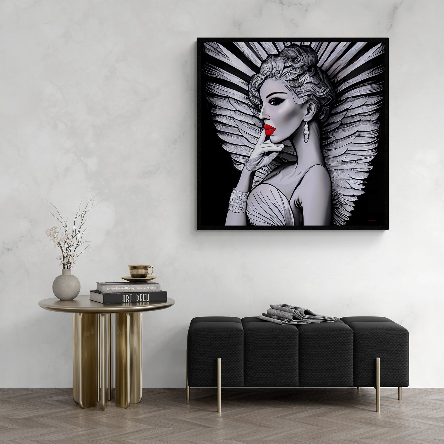 art deco angel canvas wall art, wall art dcor, room wall dcor, unique art, wall art woman, angel wings, retro wall art, goddess, B & W - LOLA VEGAS ART