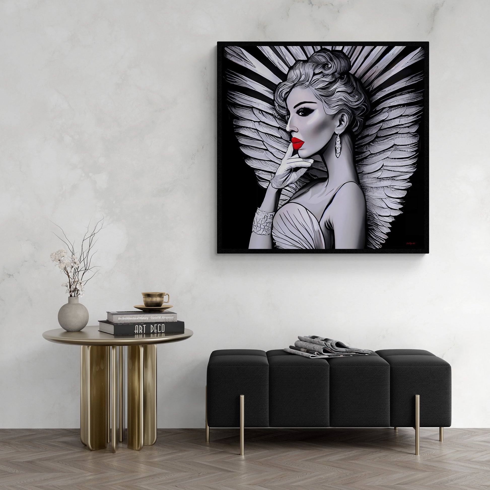 art deco angel canvas wall art,  wall art dcor, room wall dcor, unique art, wall art woman, angel wings, retro wall art, goddess,  B & W - LOLA VEGAS ART