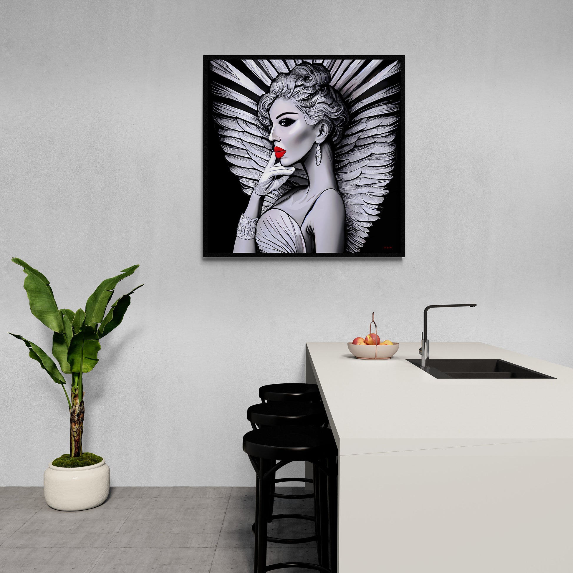 art deco angel canvas wall art,  wall art dcor, room wall dcor, unique art, wall art woman, angel wings, retro wall art, goddess,  B & W - LOLA VEGAS ART