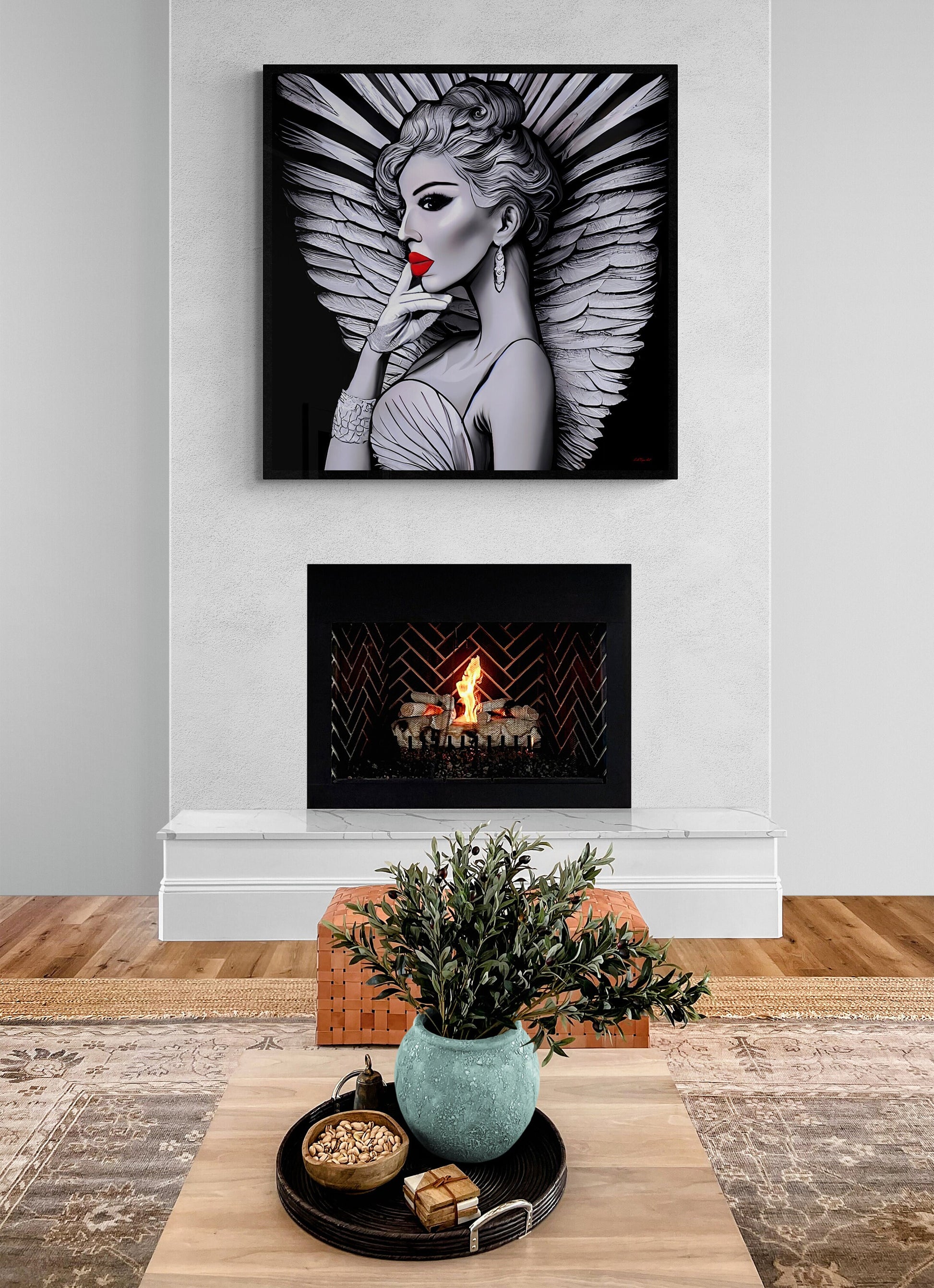 art deco angel canvas wall art,  wall art dcor, room wall dcor, unique art, wall art woman, angel wings, retro wall art, goddess,  B & W - LOLA VEGAS ART