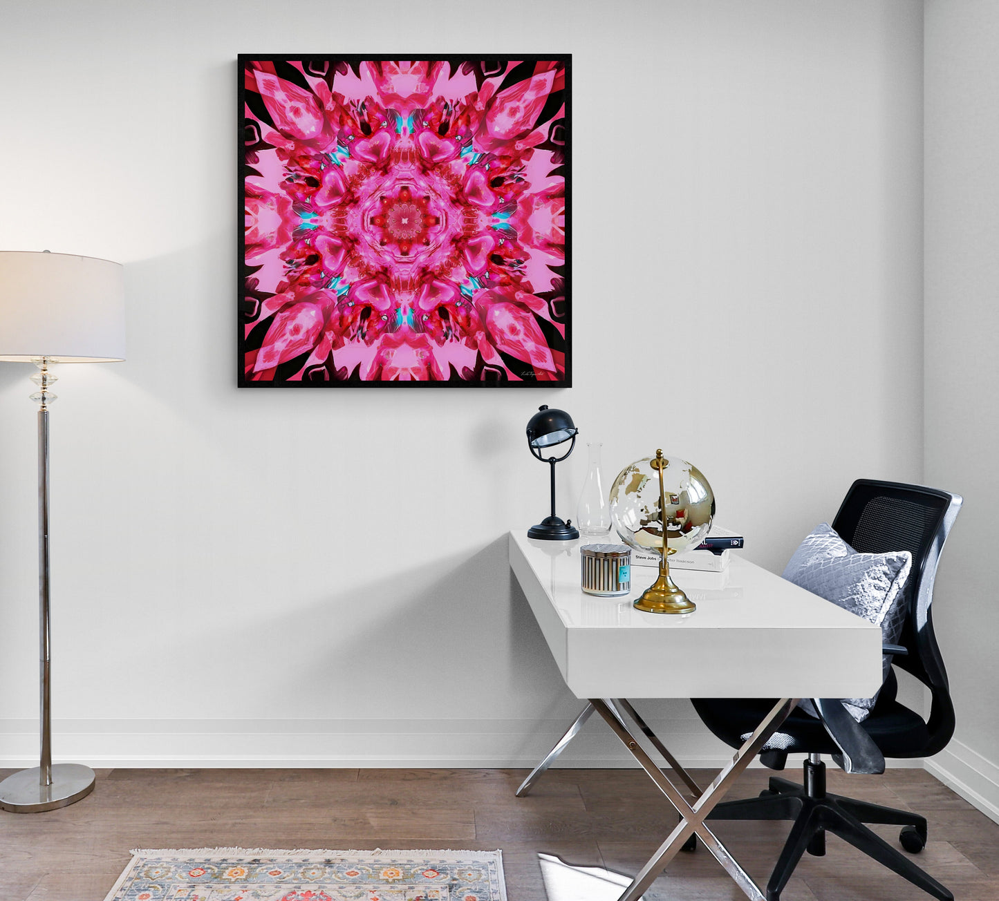 pink mandala kaleidoscope framed canvas wall art, wall art in frame, wall art with frame, wall art framed, wall art living room framed, - LOLA VEGAS ART
