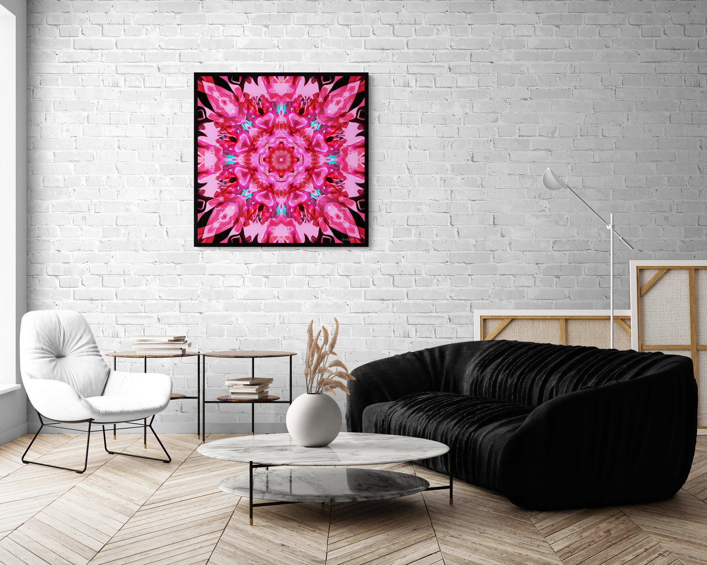 pink mandala kaleidoscope framed canvas wall art, wall art in frame, wall art with frame, wall art framed, wall art living room framed, - LOLA VEGAS ART