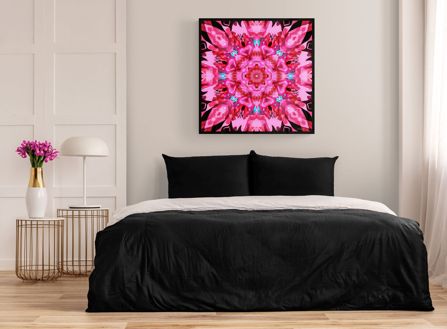 pink mandala kaleidoscope framed canvas wall art, wall art in frame, wall art with frame, wall art framed, wall art living room framed, - LOLA VEGAS ART