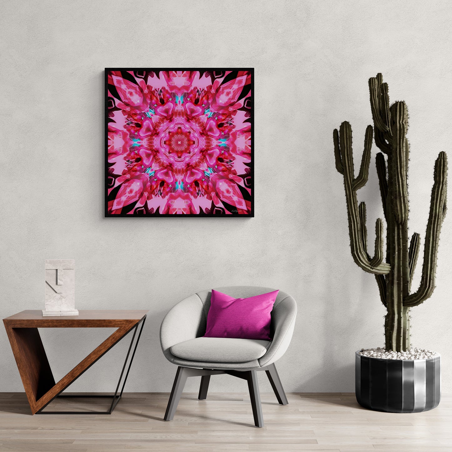 pink mandala kaleidoscope framed canvas wall art, wall art in frame, wall art with frame, wall art framed, wall art living room framed, - LOLA VEGAS ART