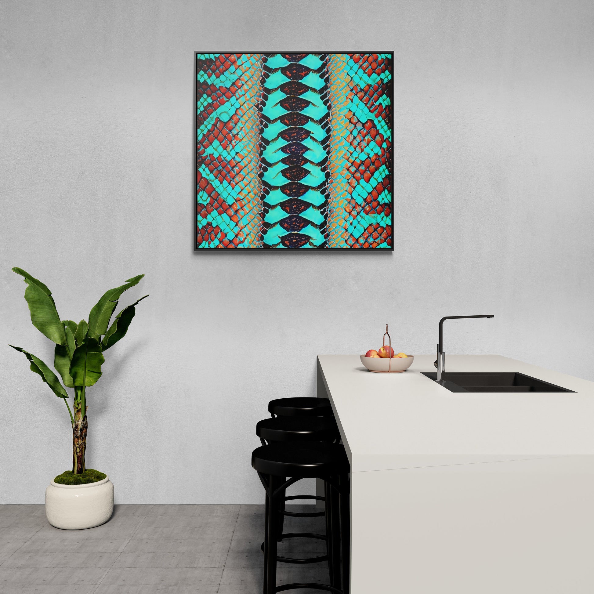 turquoise python snake skin print framed canvas wall art, wall art in frame, wall art with frame, wall art framed, wall art canvas frame - LOLA VEGAS ART
