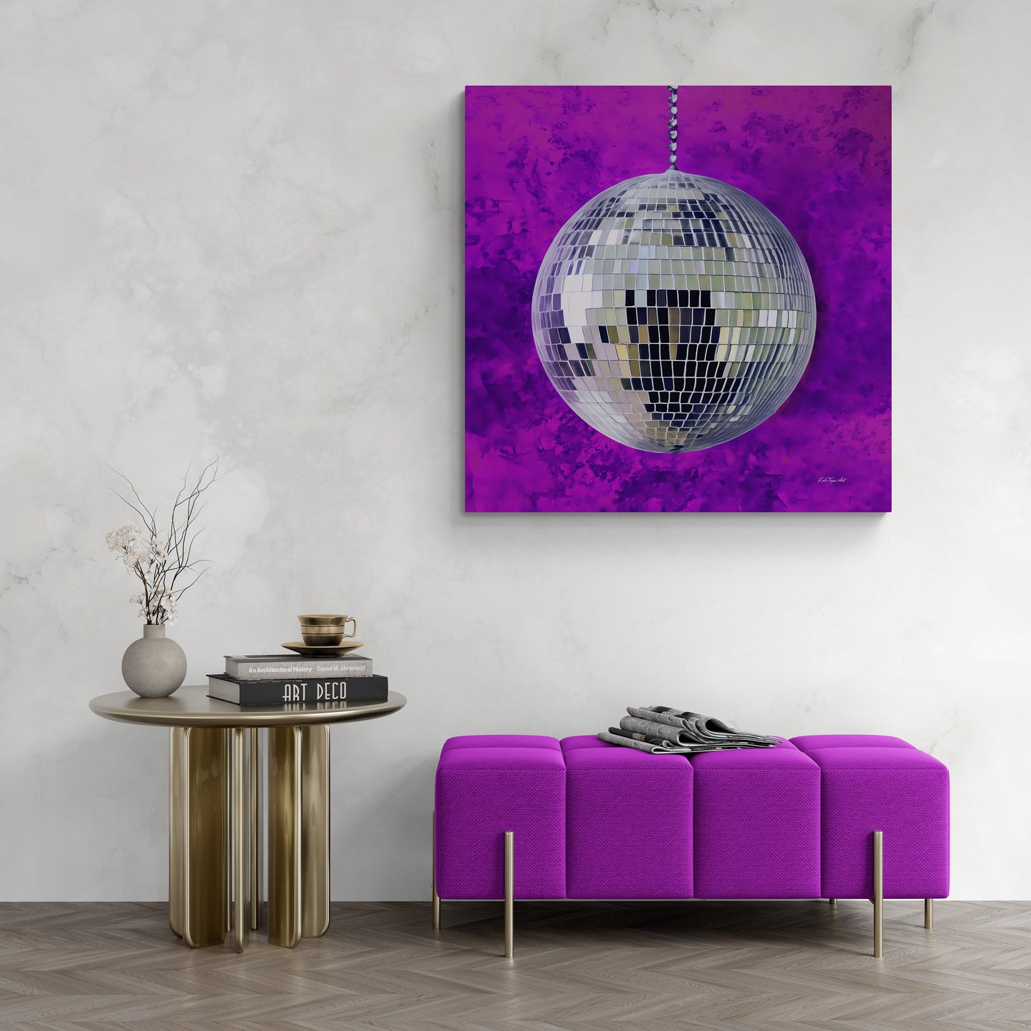 silver disco ball with purple background canvas wall art, wall art dcor, room wall dcor, unique art, glamorous, contemporary, bling art - LOLA VEGAS ART