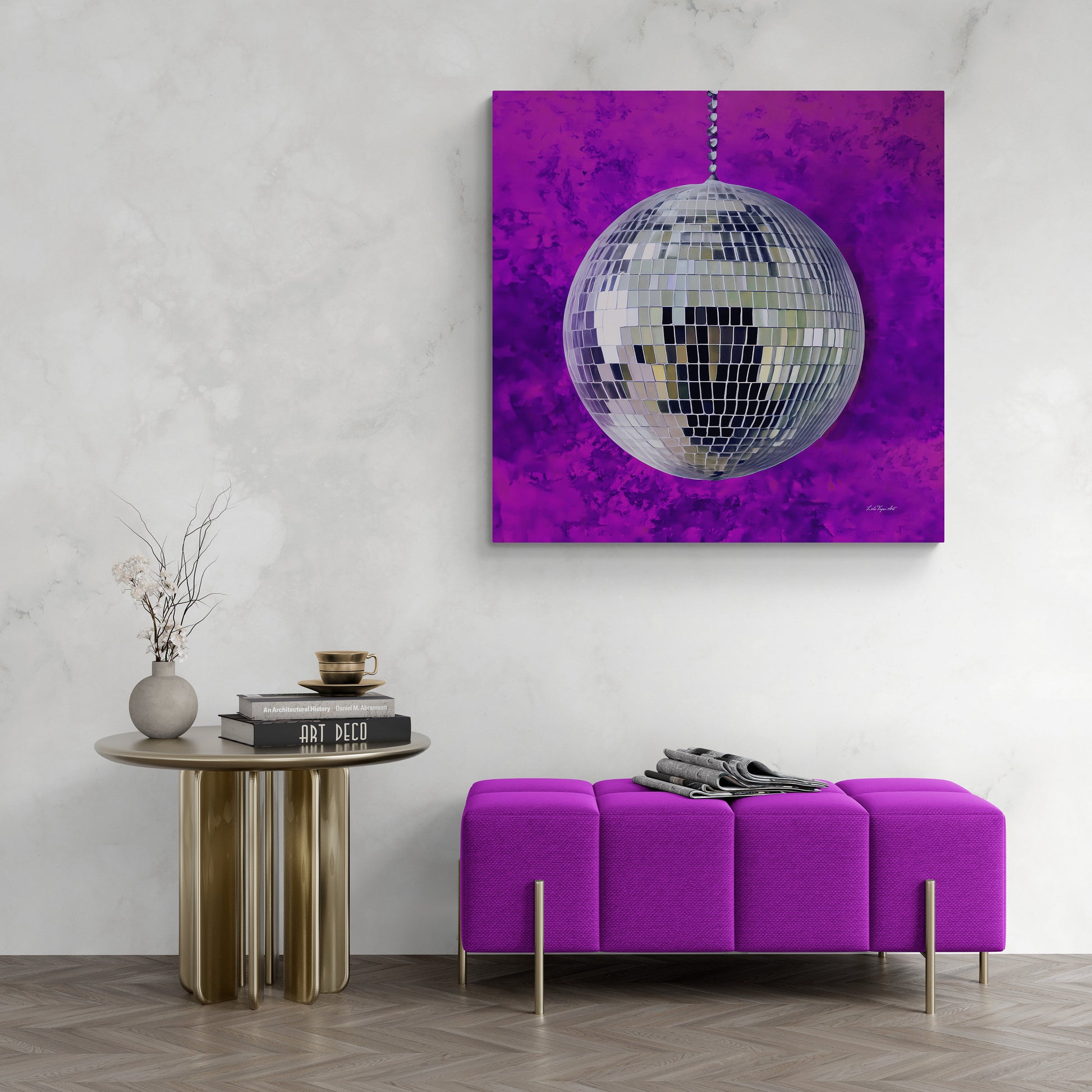 silver disco ball with purple background canvas wall art, wall art dcor, room wall dcor, unique art, glamorous, contemporary, bling art - LOLA VEGAS ART