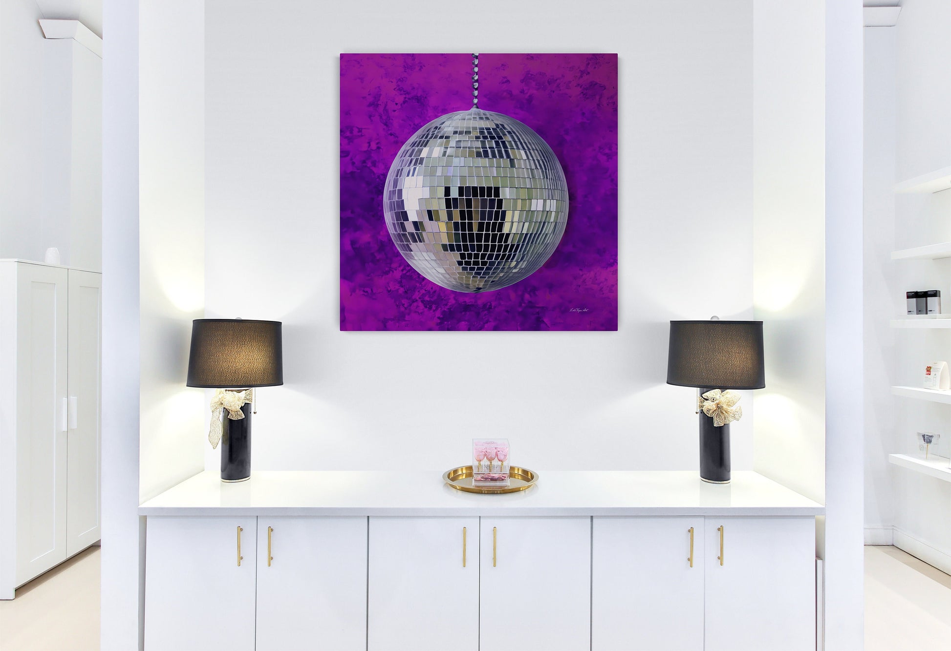 silver disco ball with purple background canvas wall art, wall art dcor, room wall dcor, unique art, glamorous, contemporary, bling art - LOLA VEGAS ART