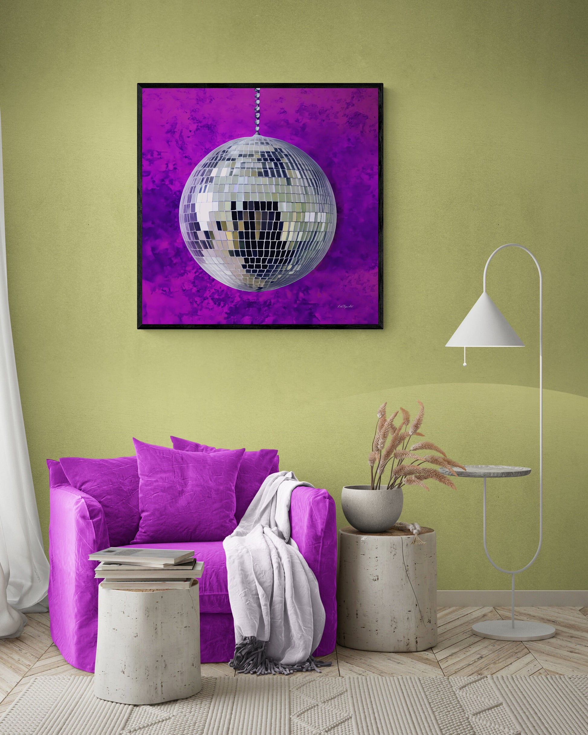 silver disco ball framed canvas wall art, wall art in frame, wall art with frame, wall art framed, wall art canvas with frame, purple - LOLA VEGAS ART