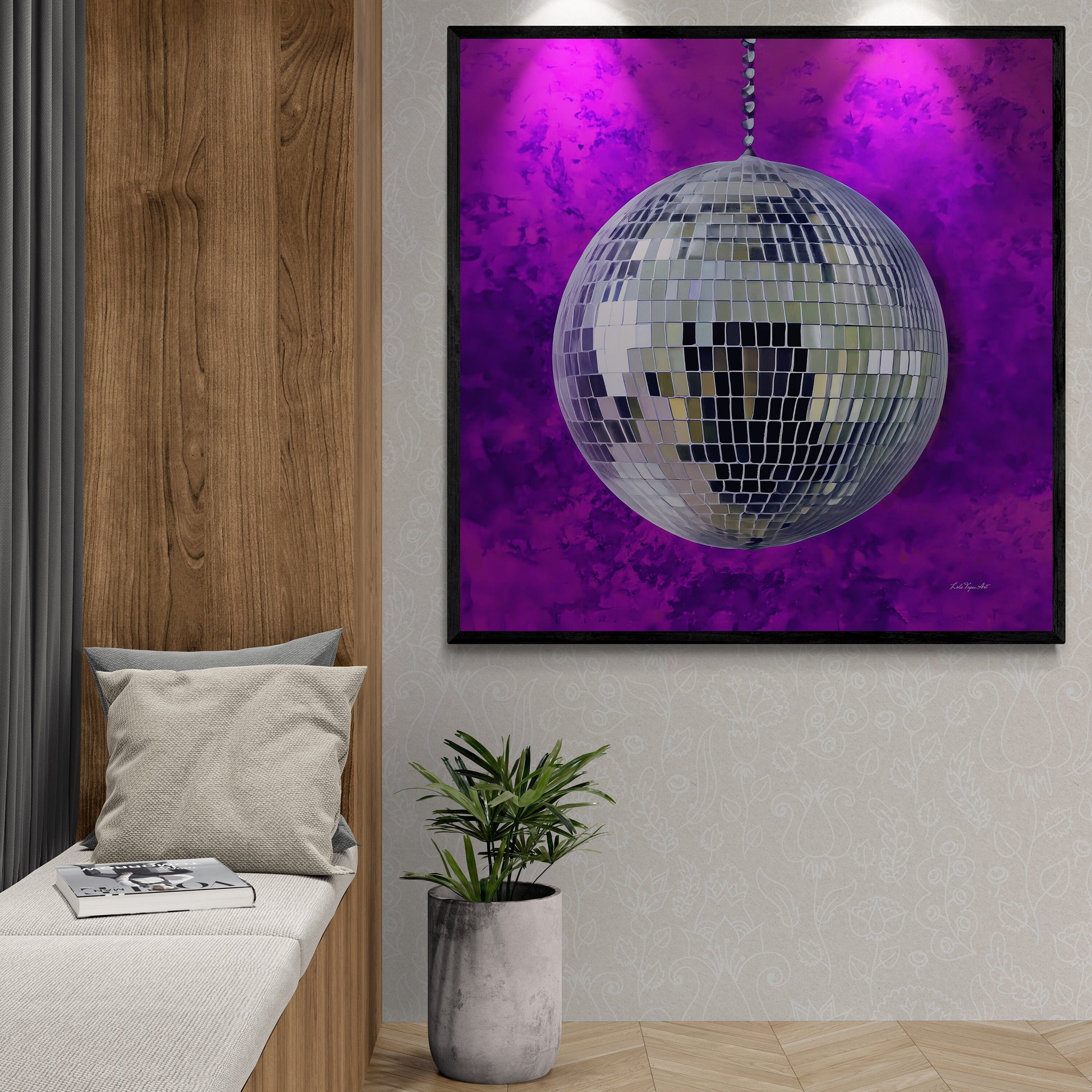 silver disco ball framed canvas wall art, wall art in frame, wall art with frame, wall art framed, wall art canvas with frame, purple - LOLA VEGAS ART