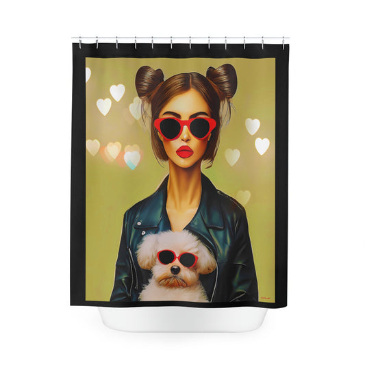 woman with dog shower curtain, home accessories, bathroom dcor, bathroom, home dcor, housewarming gift, shower room decor, animal shower - LOLA VEGAS ART
