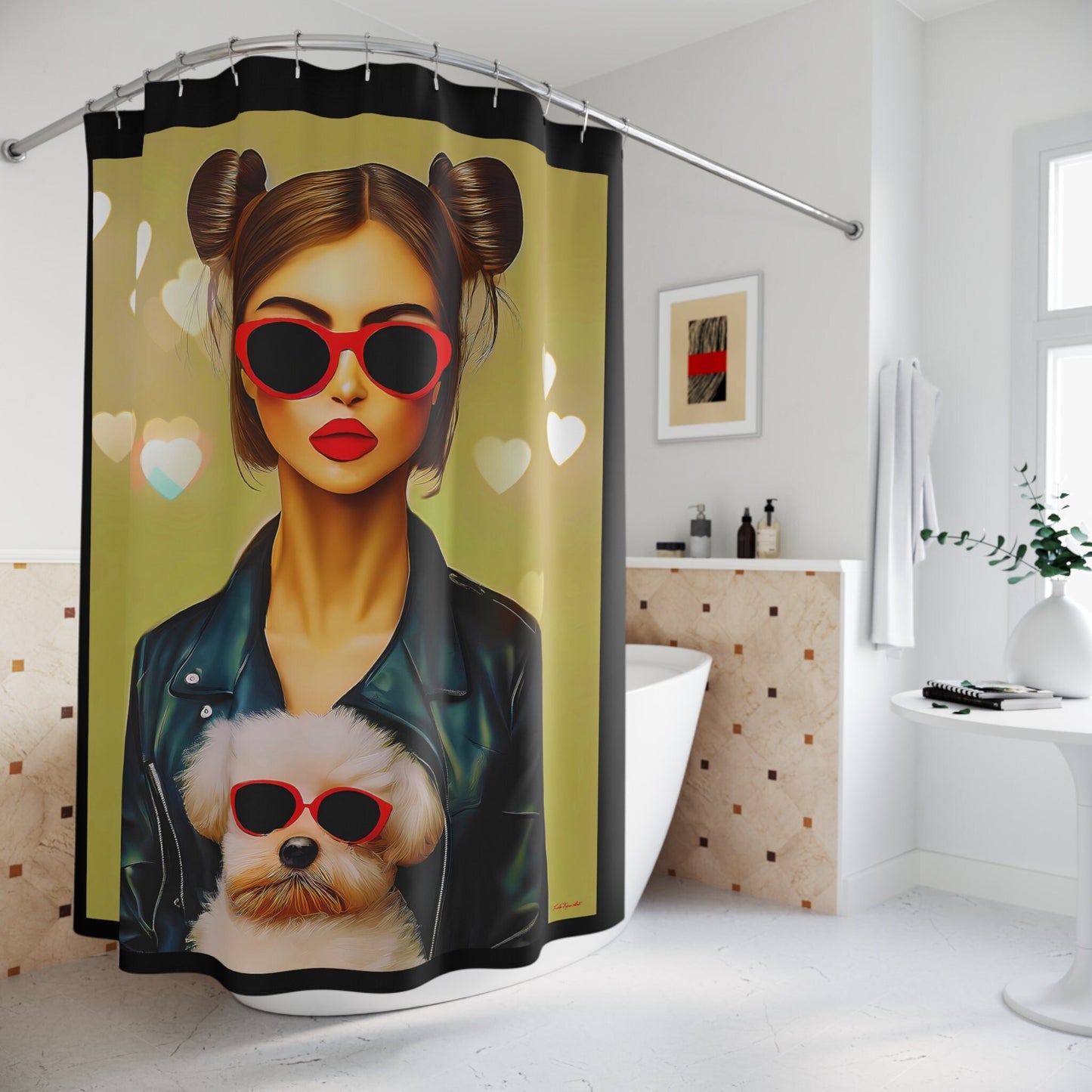woman with dog shower curtain, home accessories, bathroom dcor, bathroom, home dcor, housewarming gift, shower room decor, animal shower - LOLA VEGAS ART