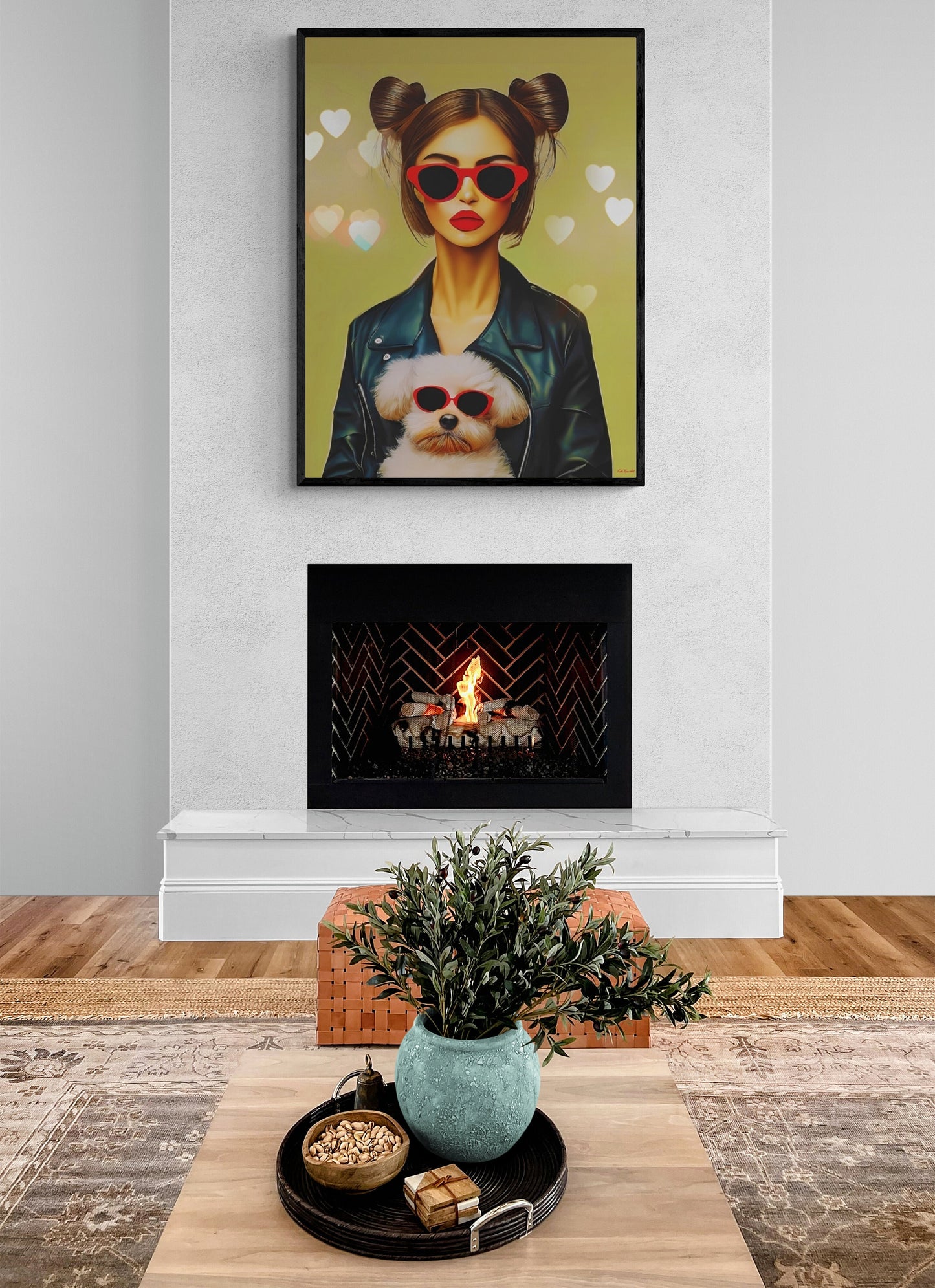 woman with dog canvas framed wall art, wall art in frame, wall art framed, wall art canvas with frame, wall art living room framed, dog art - LOLA VEGAS ART