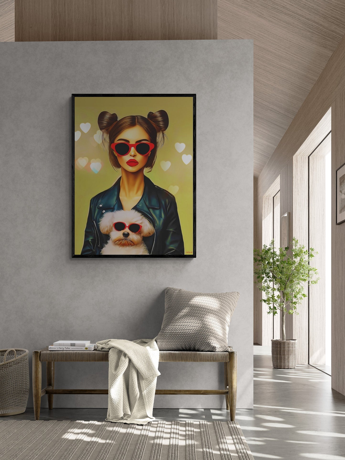 woman with dog canvas framed wall art, wall art in frame, wall art framed, wall art canvas with frame, wall art living room framed, dog art - LOLA VEGAS ART