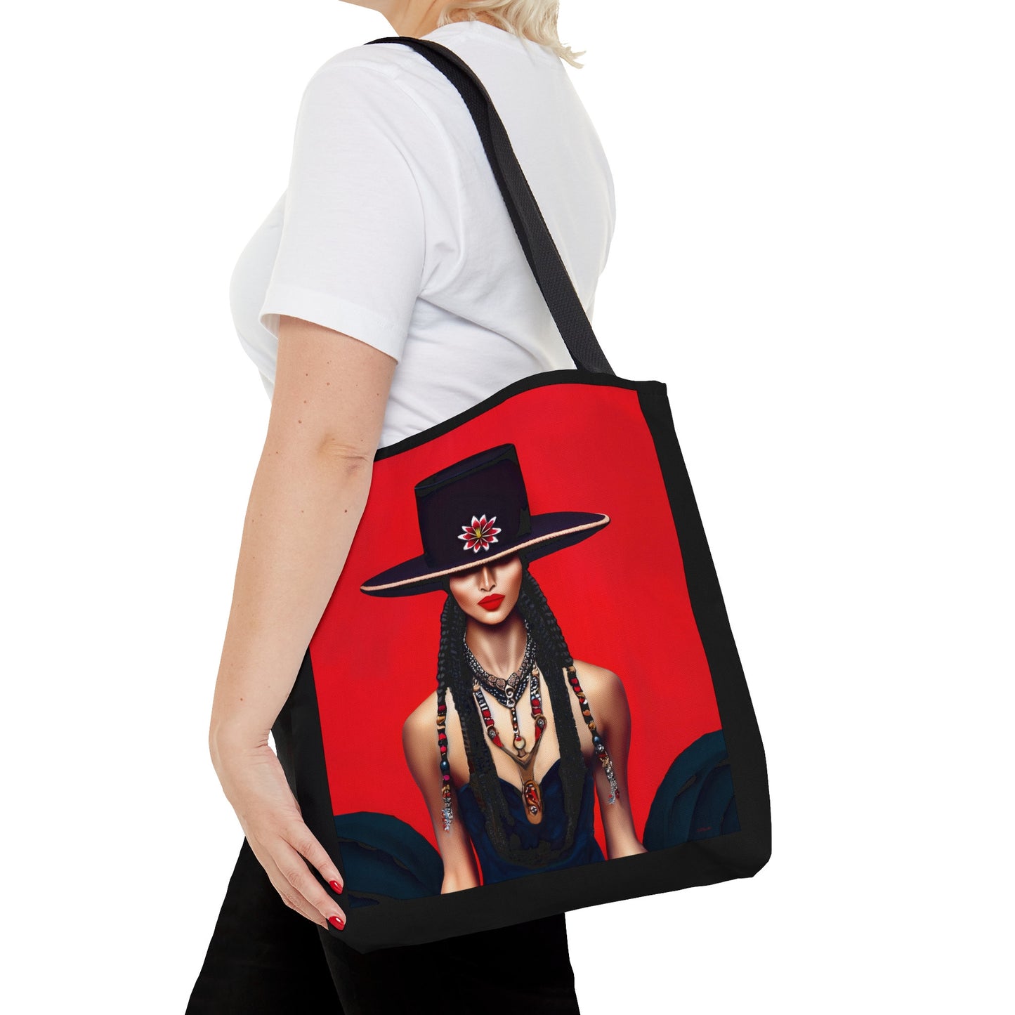 latina woman in bolero hat tote bag, canvas bag, gifts for women, canvas shopper, oversized bag, reusable, shopping bag, tote bag for women - LOLA VEGAS ART