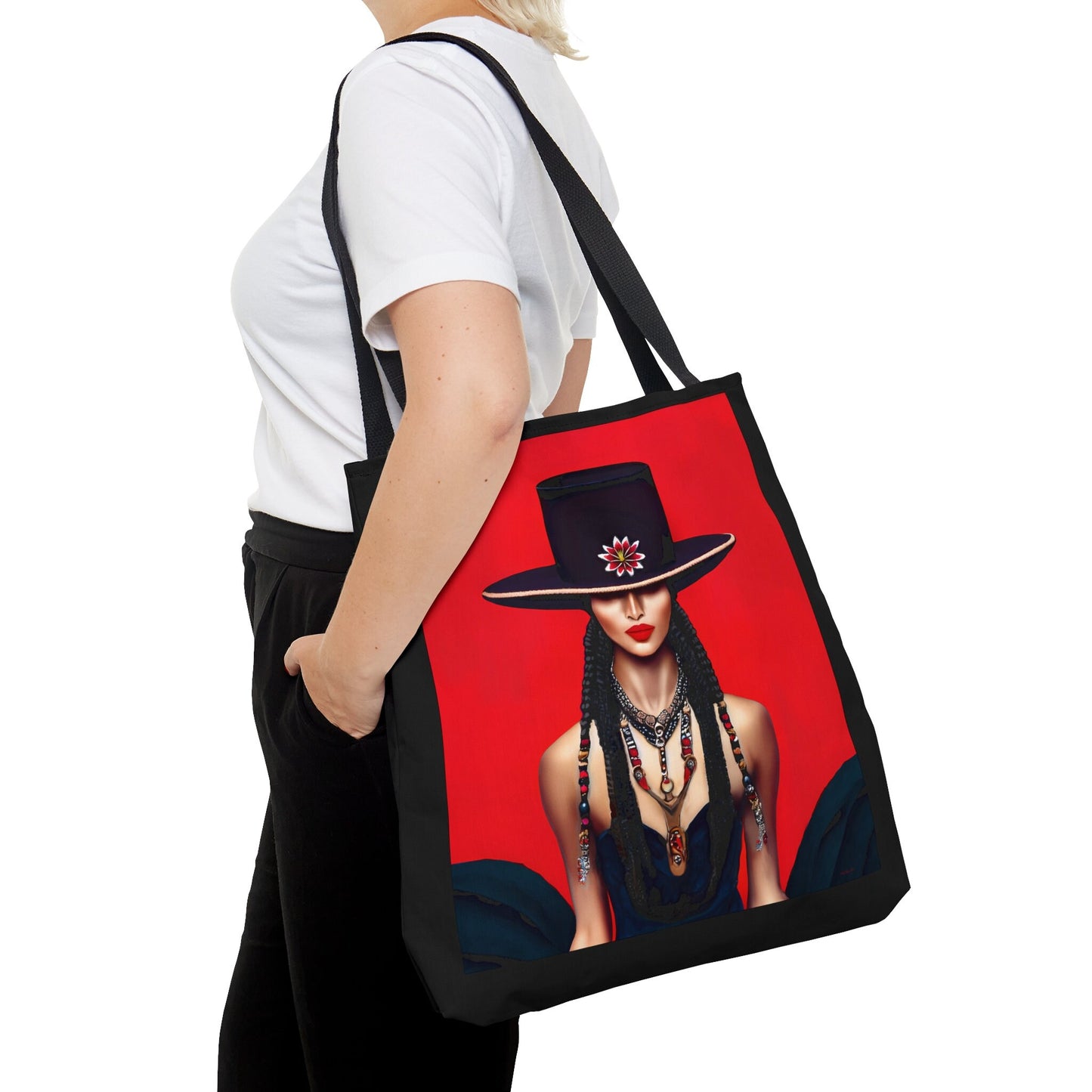 latina woman in bolero hat tote bag, canvas bag, gifts for women, canvas shopper, oversized bag, reusable, shopping bag, tote bag for women - LOLA VEGAS ART