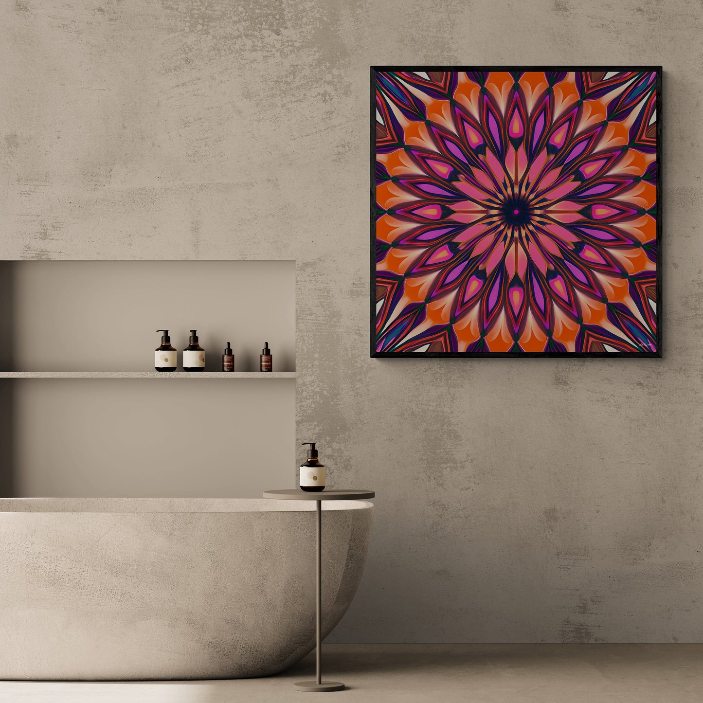 orange abstract sunburst framed canvas wall art, wall art in frame, wall art with frame, wall art framed, wall art living room framed, - LOLA VEGAS ART