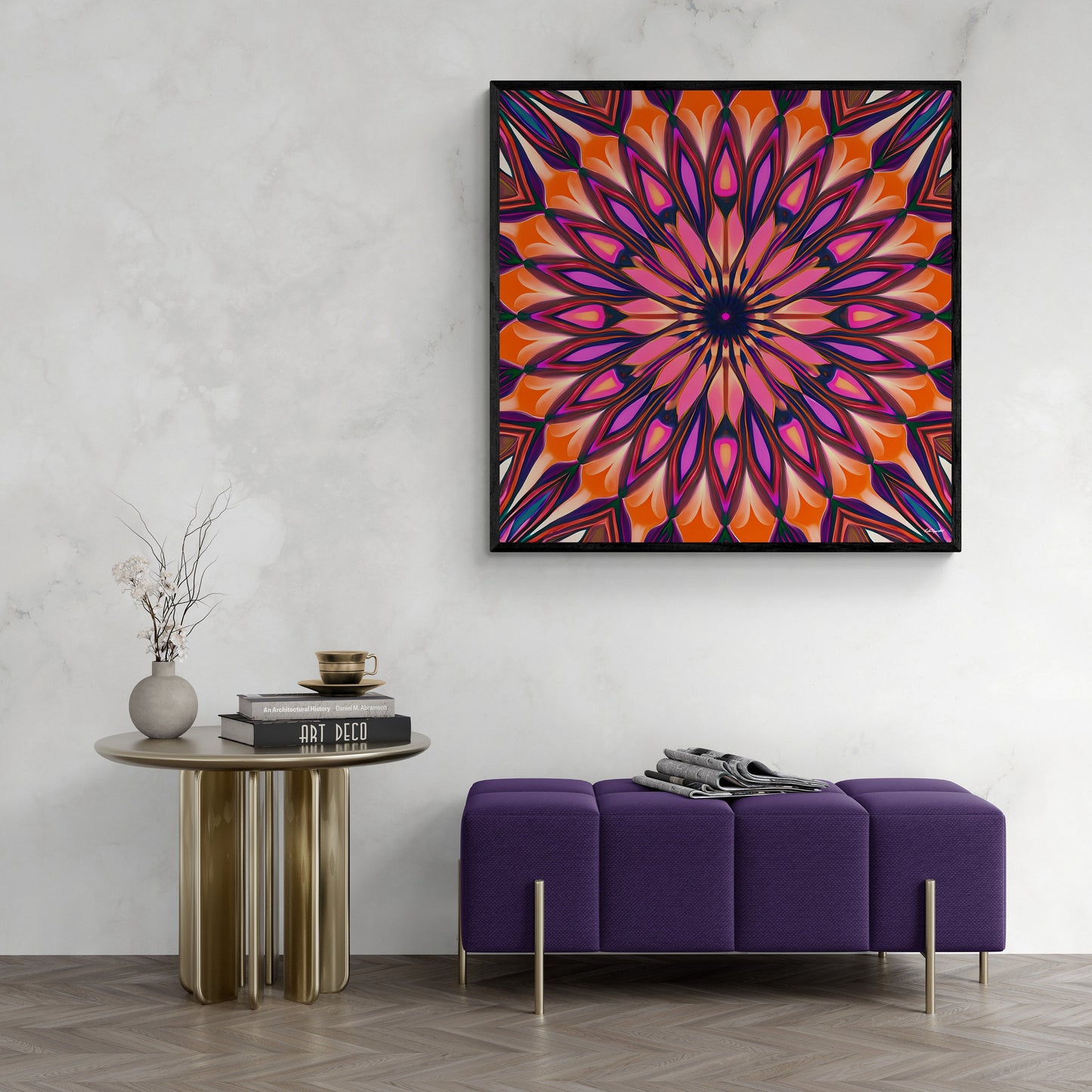 orange abstract sunburst framed canvas wall art, wall art in frame, wall art with frame, wall art framed, wall art living room framed, - LOLA VEGAS ART