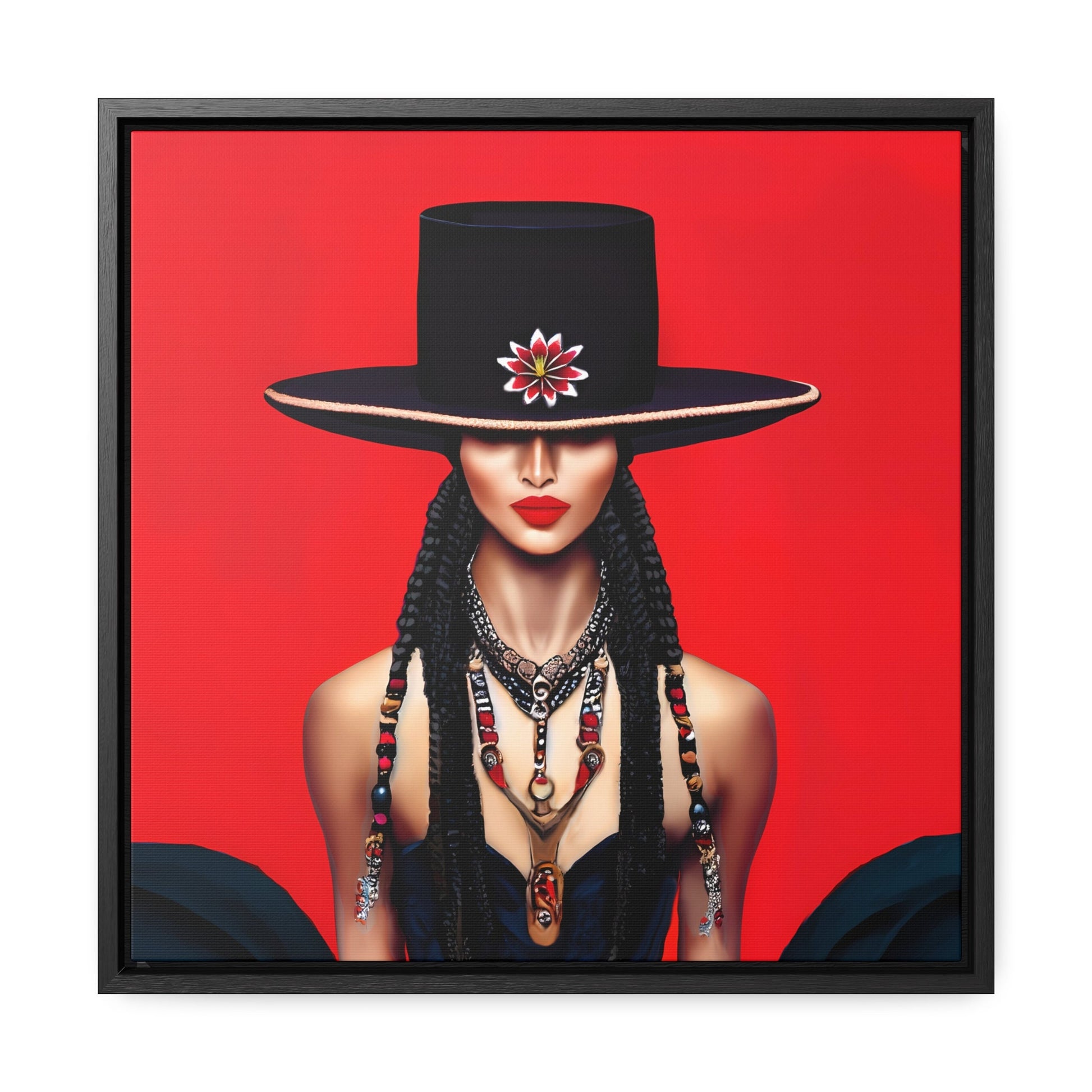 latina woman in bolero hat framed canvas wall art, wall art in frame, wall art with frame, wall art framed, wall art canvas with frame - LOLA VEGAS ART