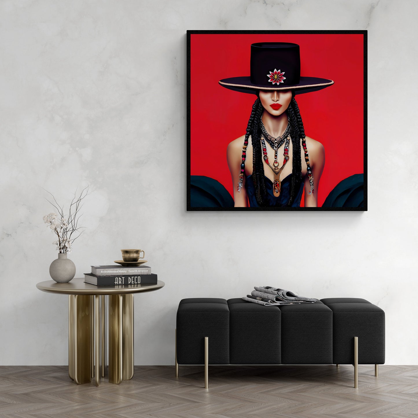 latina woman in bolero hat framed canvas wall art, wall art in frame, wall art with frame, wall art framed, wall art canvas with frame - LOLA VEGAS ART