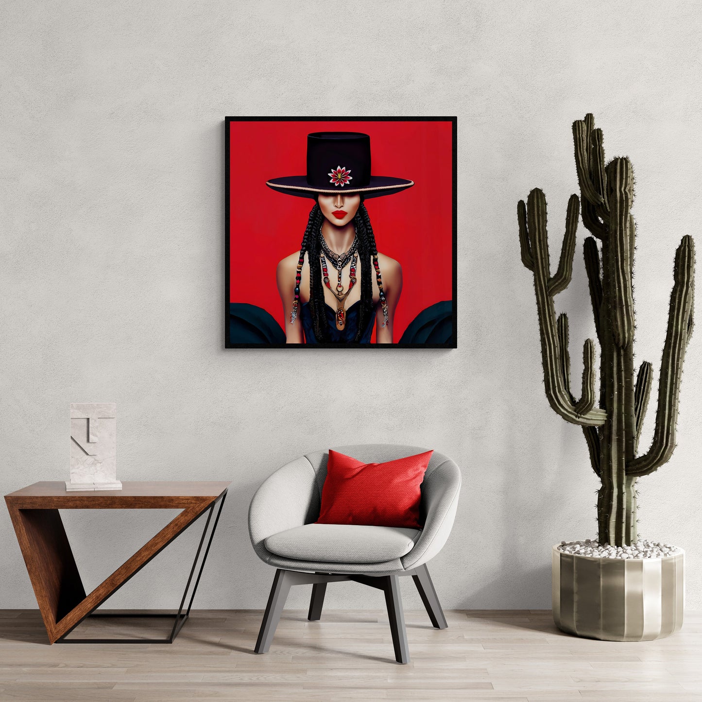 latina woman in bolero hat framed canvas wall art, wall art in frame, wall art with frame, wall art framed, wall art canvas with frame - LOLA VEGAS ART