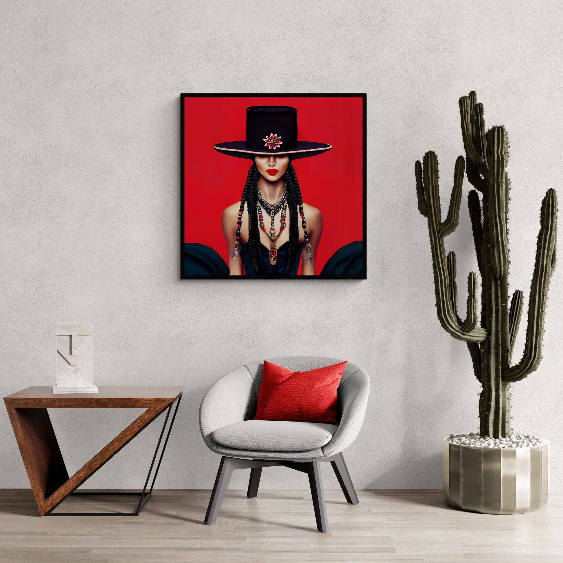 latina woman in bolero hat framed canvas wall art, wall art in frame, wall art with frame, wall art framed, wall art canvas with frame - LOLA VEGAS ART